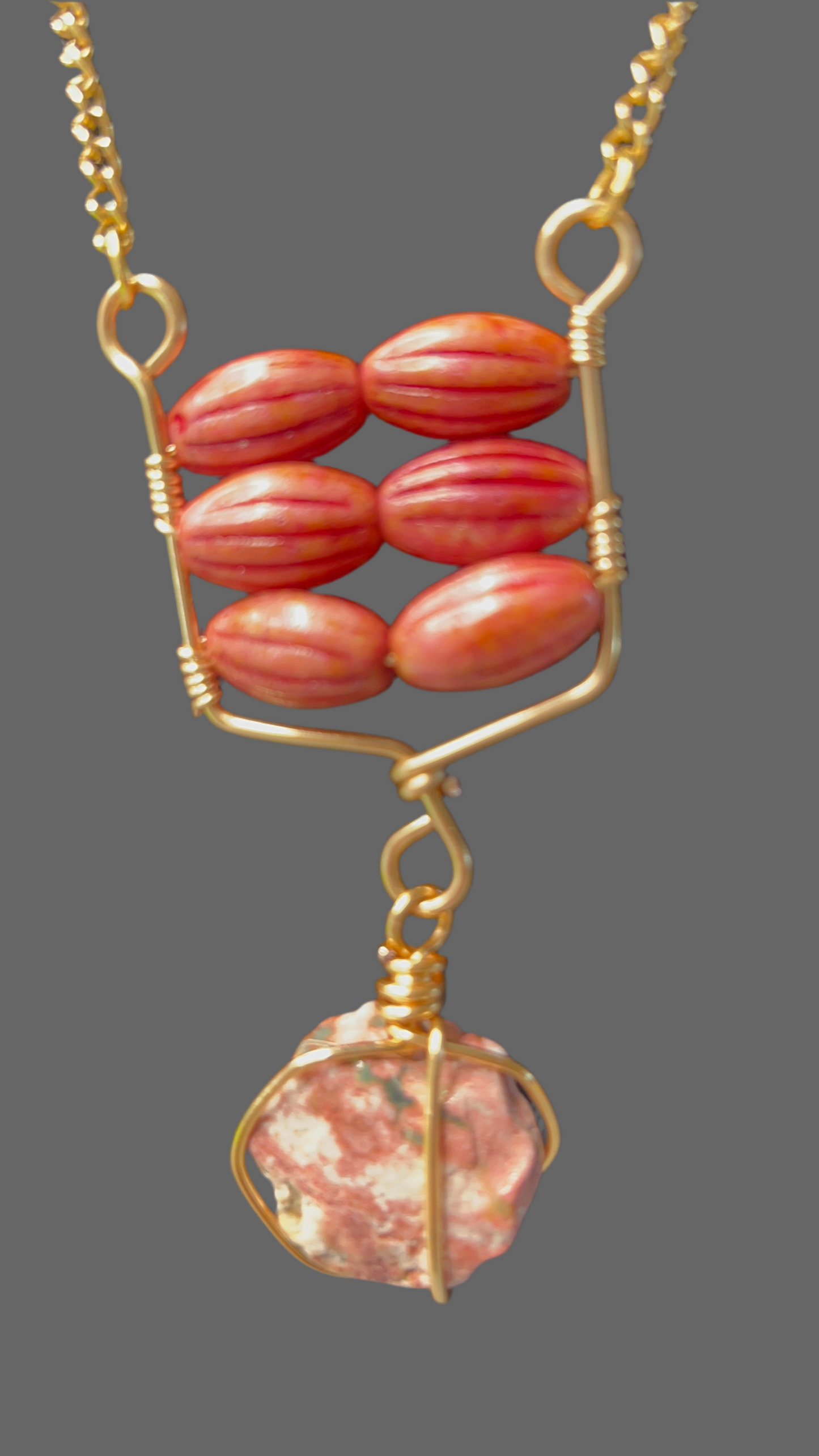 Czech Glass Melon Pink Stone Picasso Barrel Beads with Hand-Cut Pink Jasper Coin 24 inch Necklace with gold chain