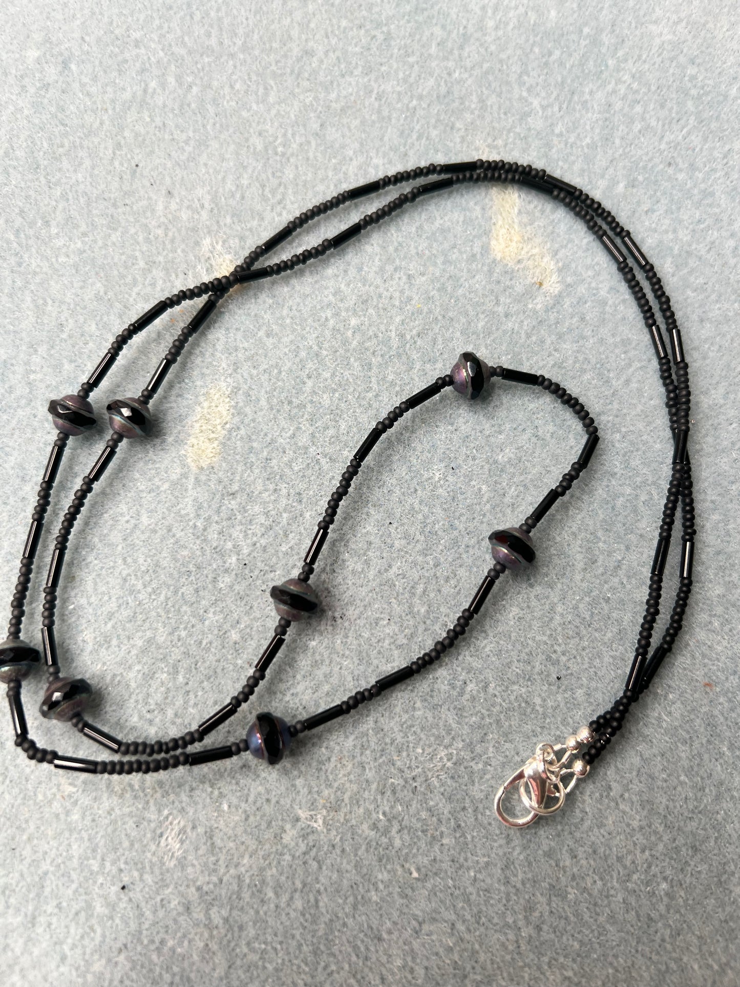 Black and Gray with Seed Bead Long Necklace and silver clasp