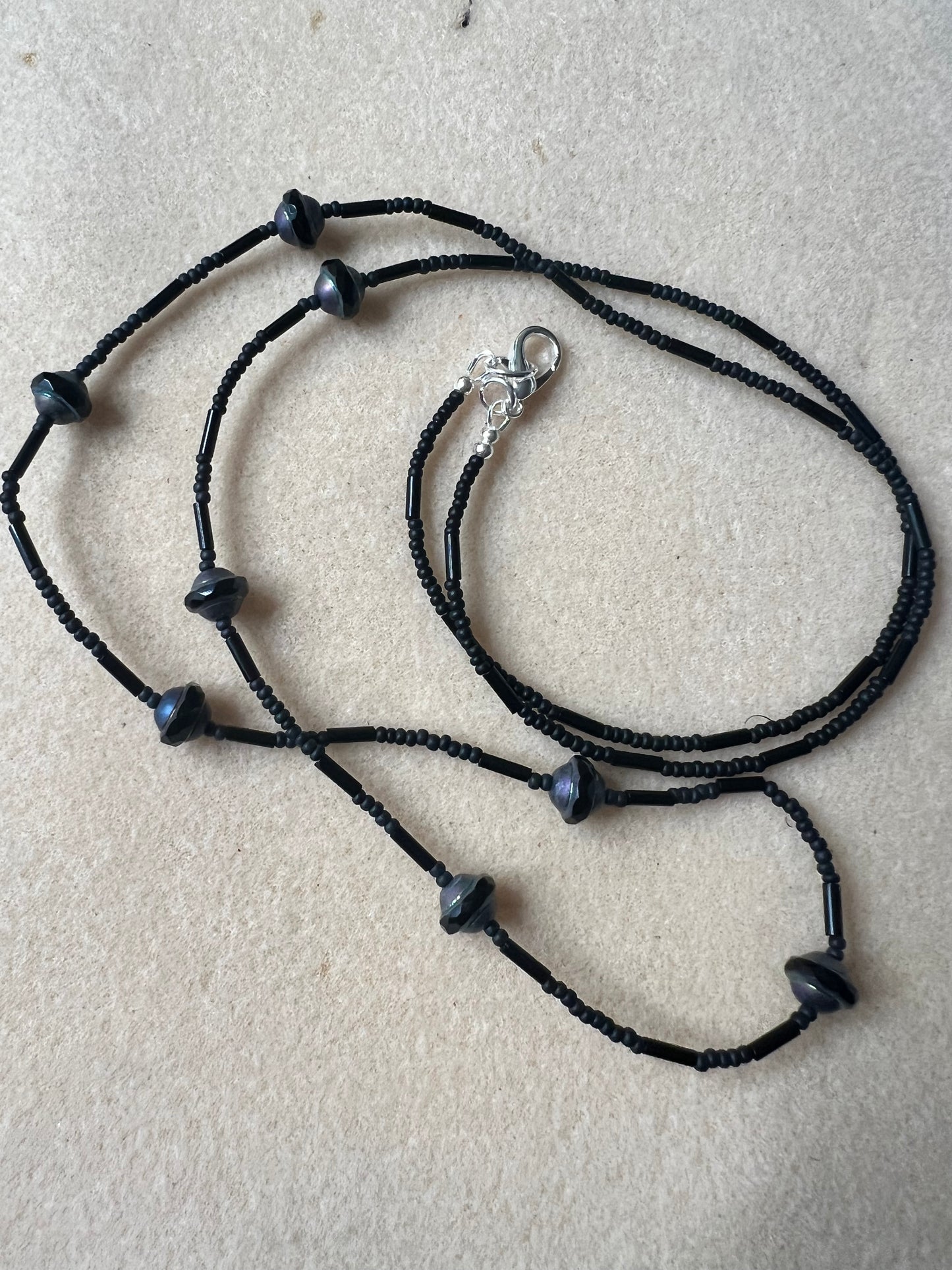 Black and Gray with Seed Bead Long Necklace and silver clasp