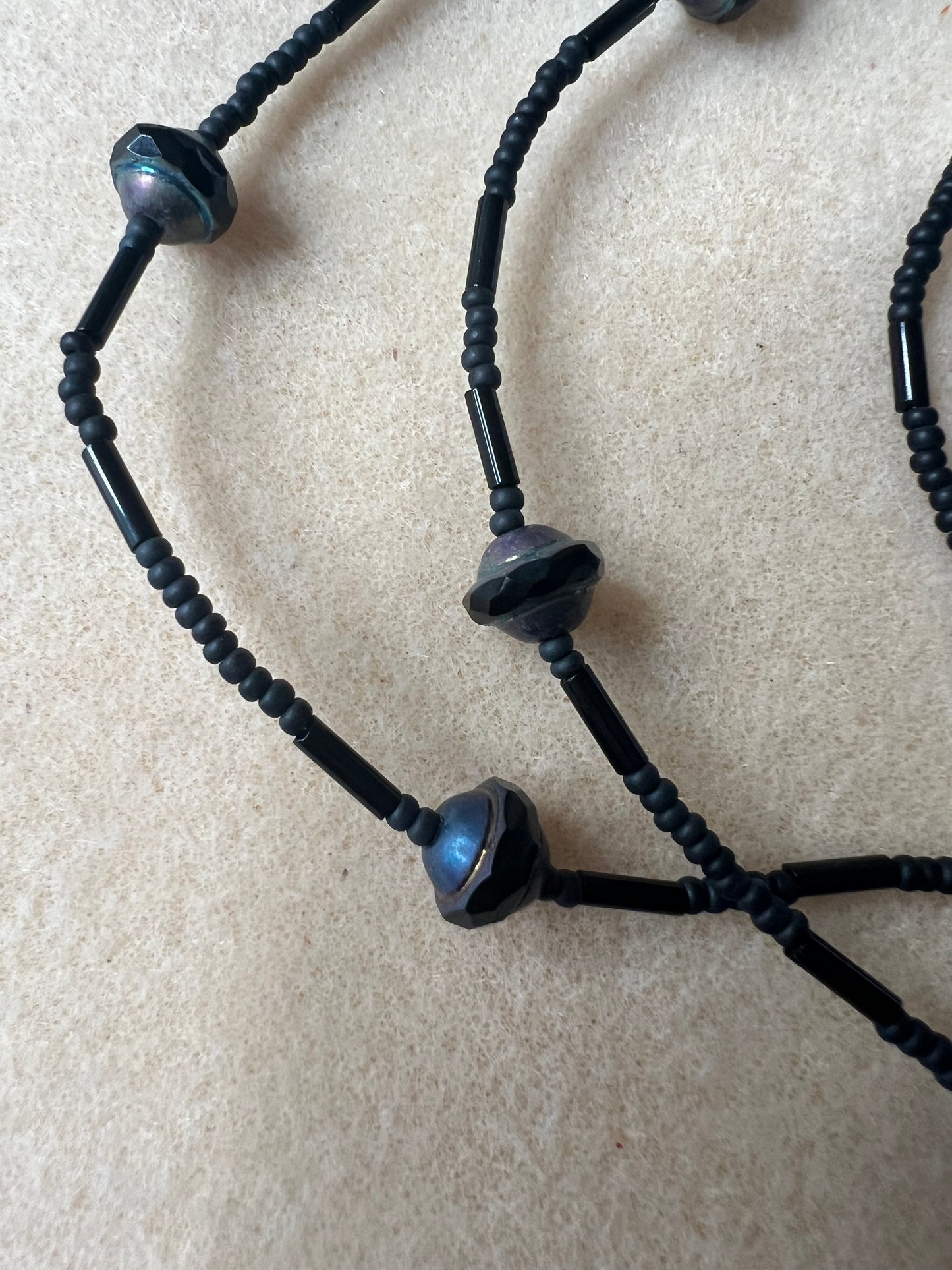 Black and Gray with Seed Bead Long Necklace and silver clasp