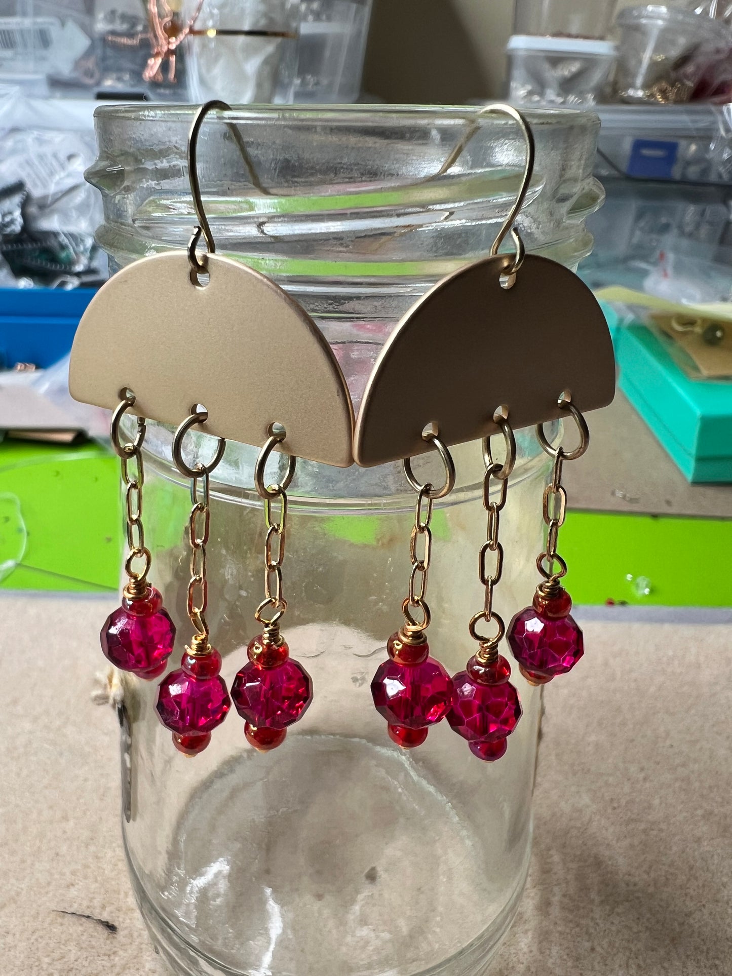 Fuschia Crystals and Fuschia/Orange Beads and gold chain on Matte Gold Half Moon Earrings