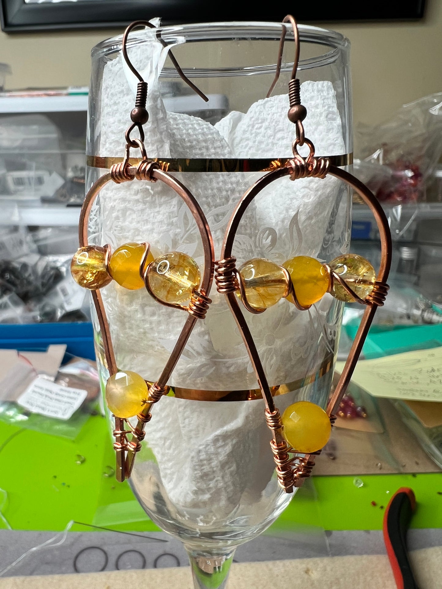 Copper Teardrops with wire-wrapped yellow/gold Agate Beads Earrings