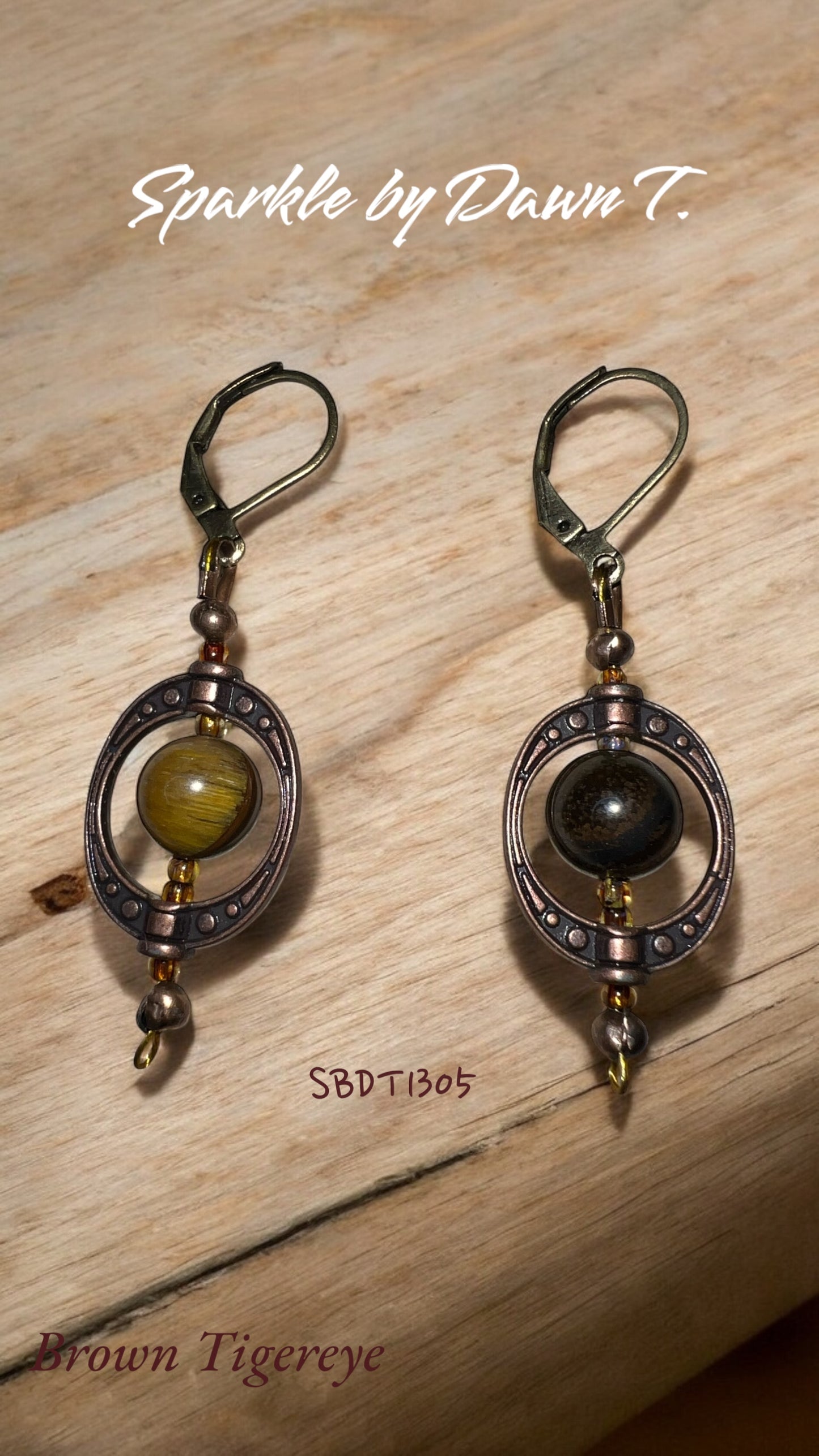 Brown Tigereye with Brass Frame Earrings