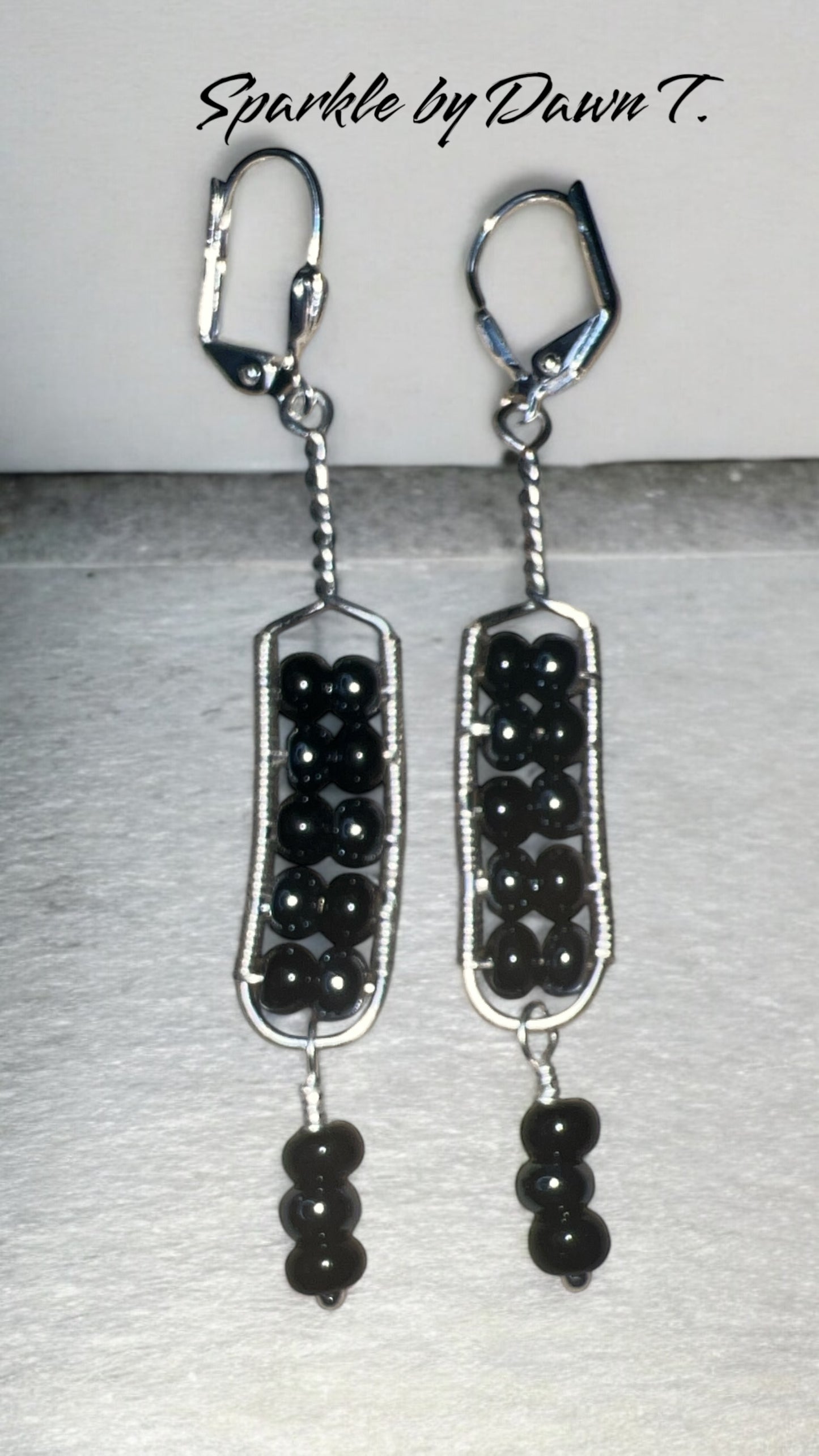 Black and Hematite Rectangle Silver Drop Earrings
