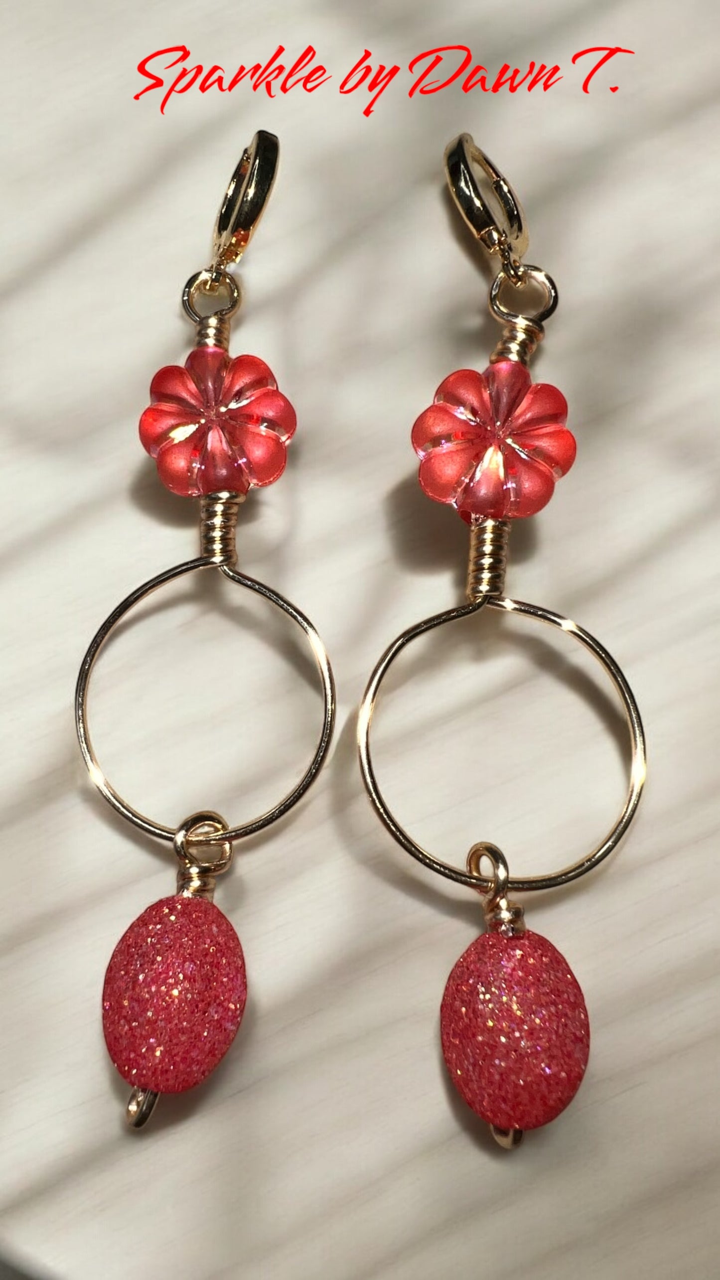 Light Transparent Red Flowers, Gold and Speckled Light Red Drop Earrings