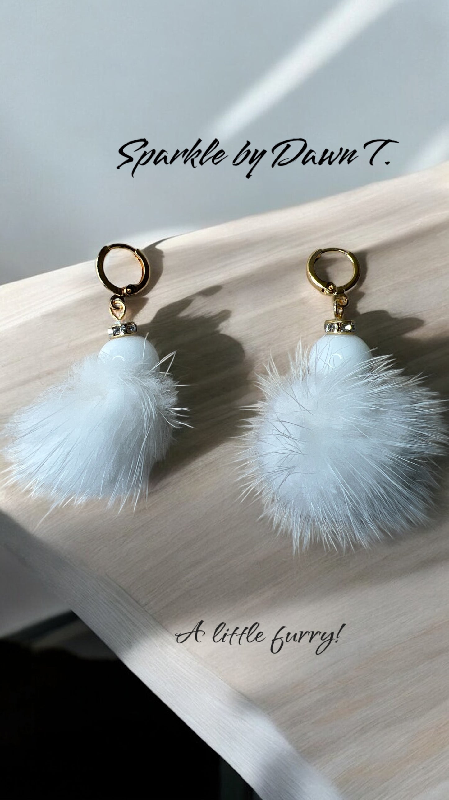 A little Furry White Earrings with Large White Bead and Bling