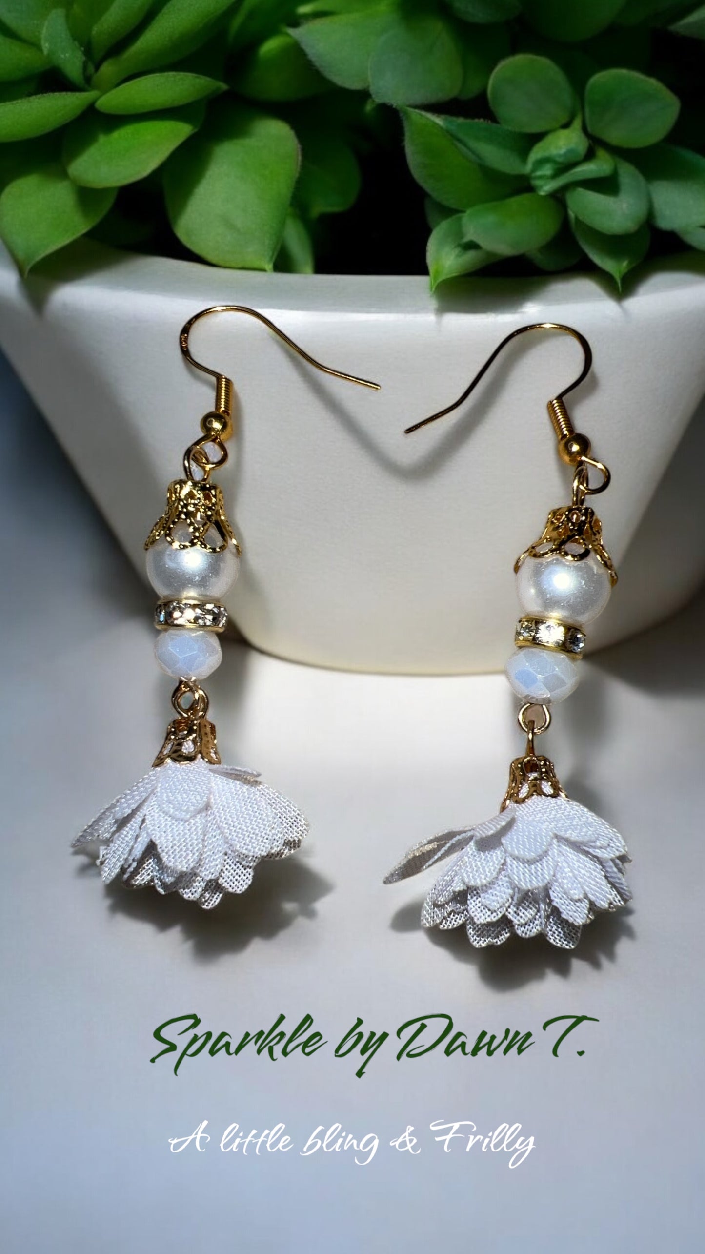 A little gold Bling & Frilly White Earrings with Pearls and Crystals
