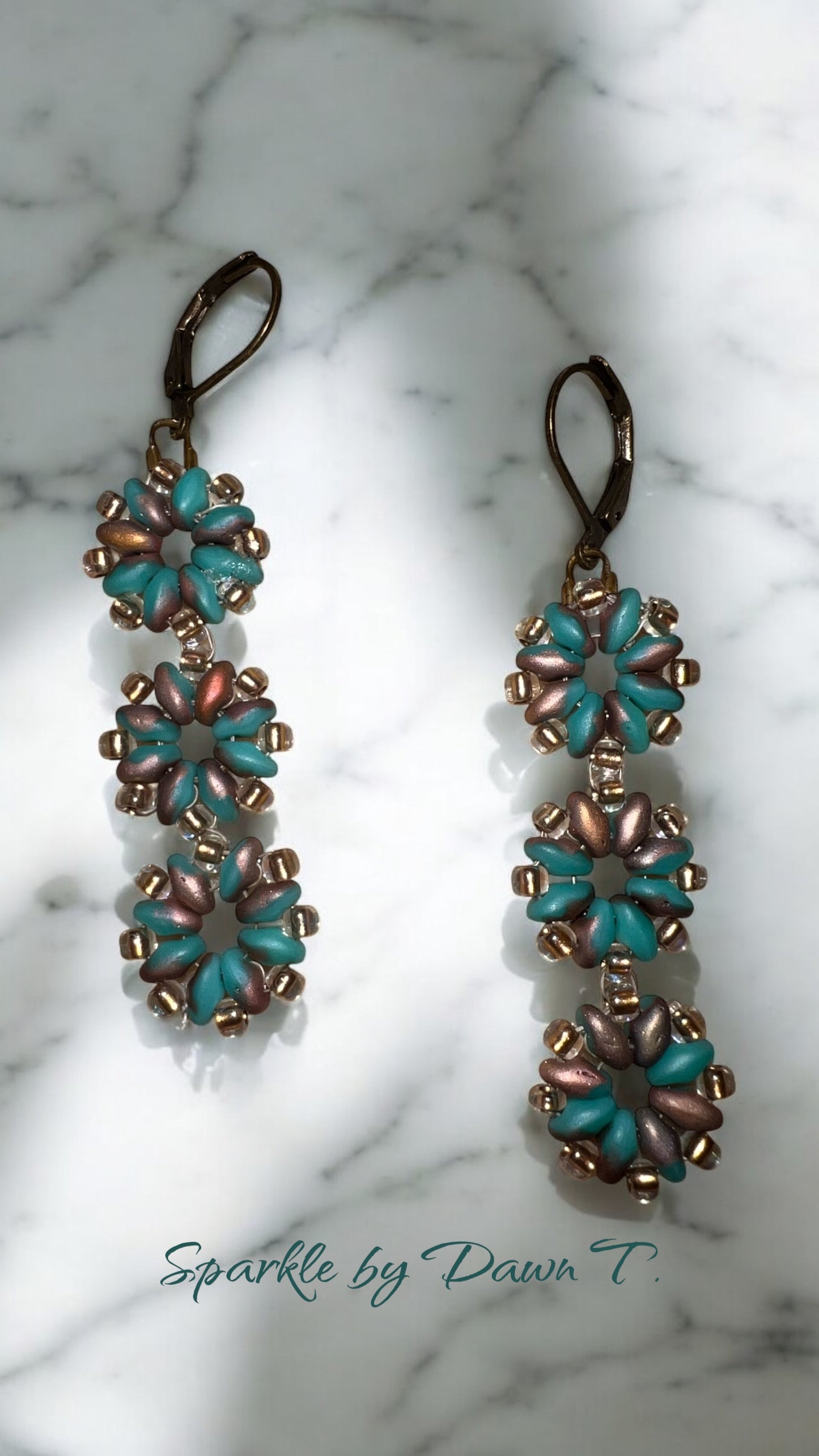 Teal and Copper Seed Bead Flower Earrings