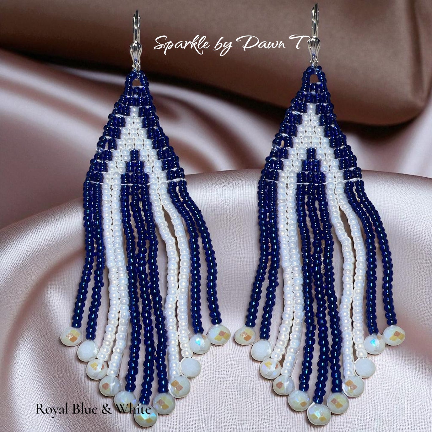 Royal Blue and White Seed Bead Fringe Earrings