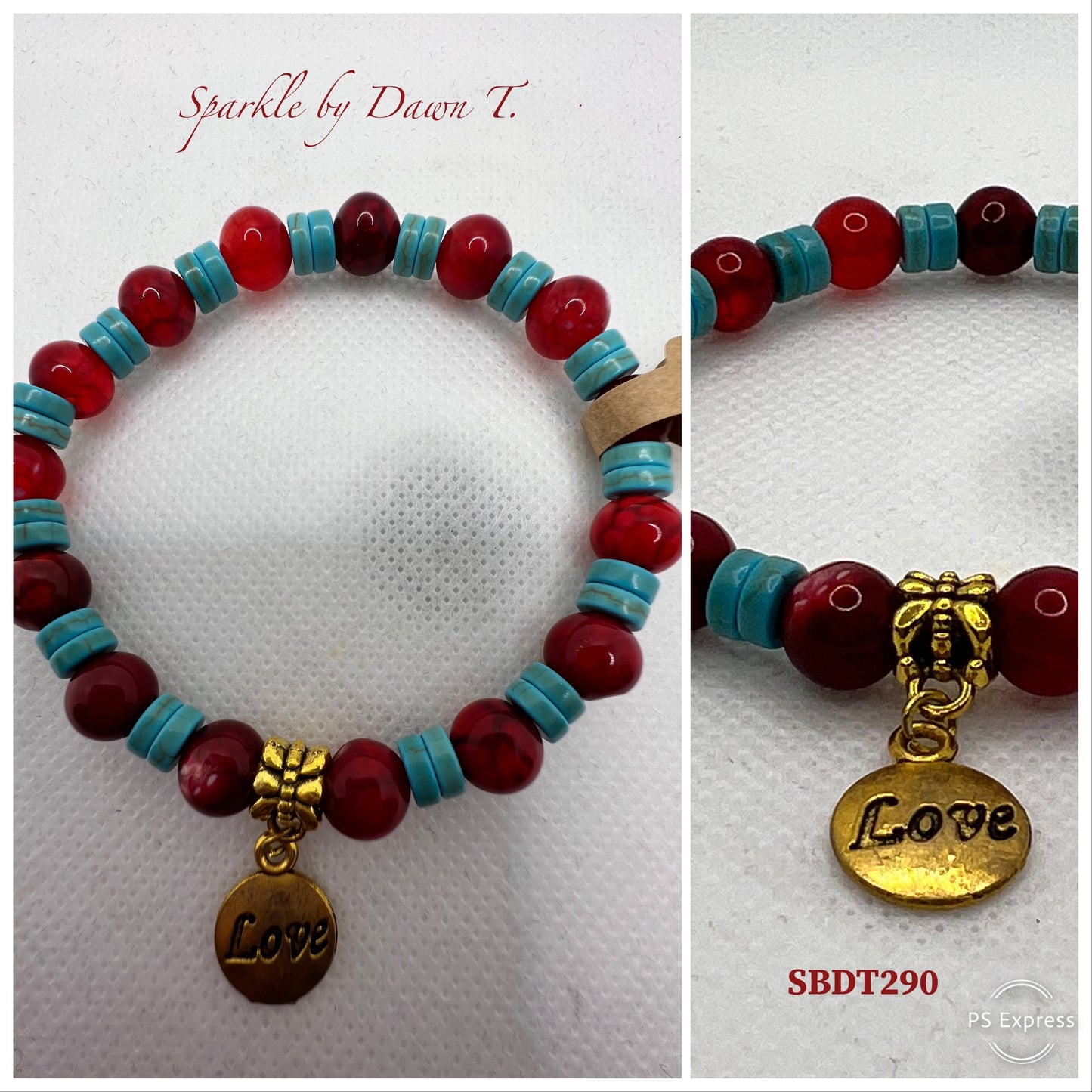 Cherry Red crackle agate with turquoise heishi beads and love pendant stretch bracelet