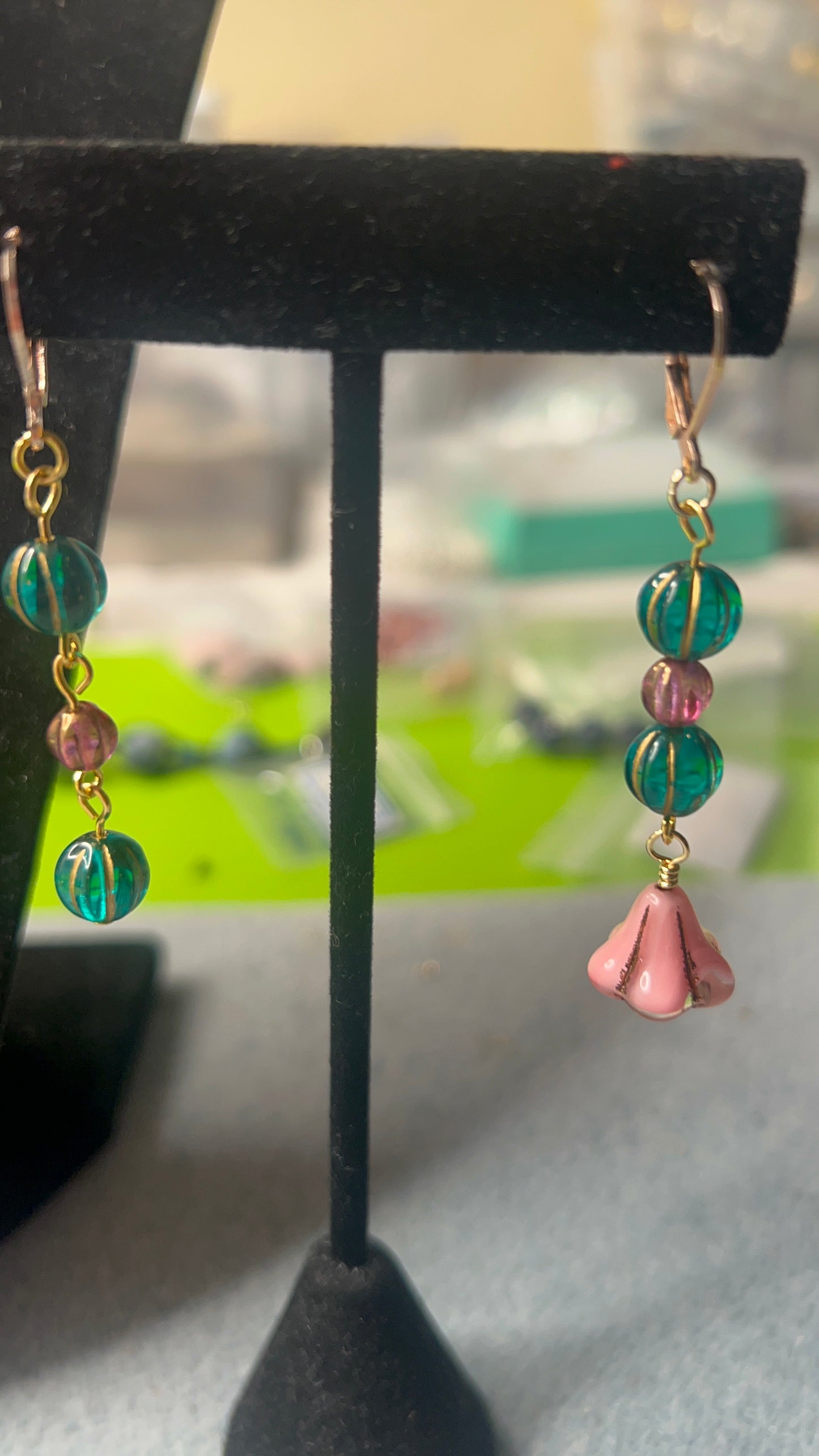 Green and Pink with gold melon Beaded Necklace with gold chain and toggle clasp and Matching Earrings