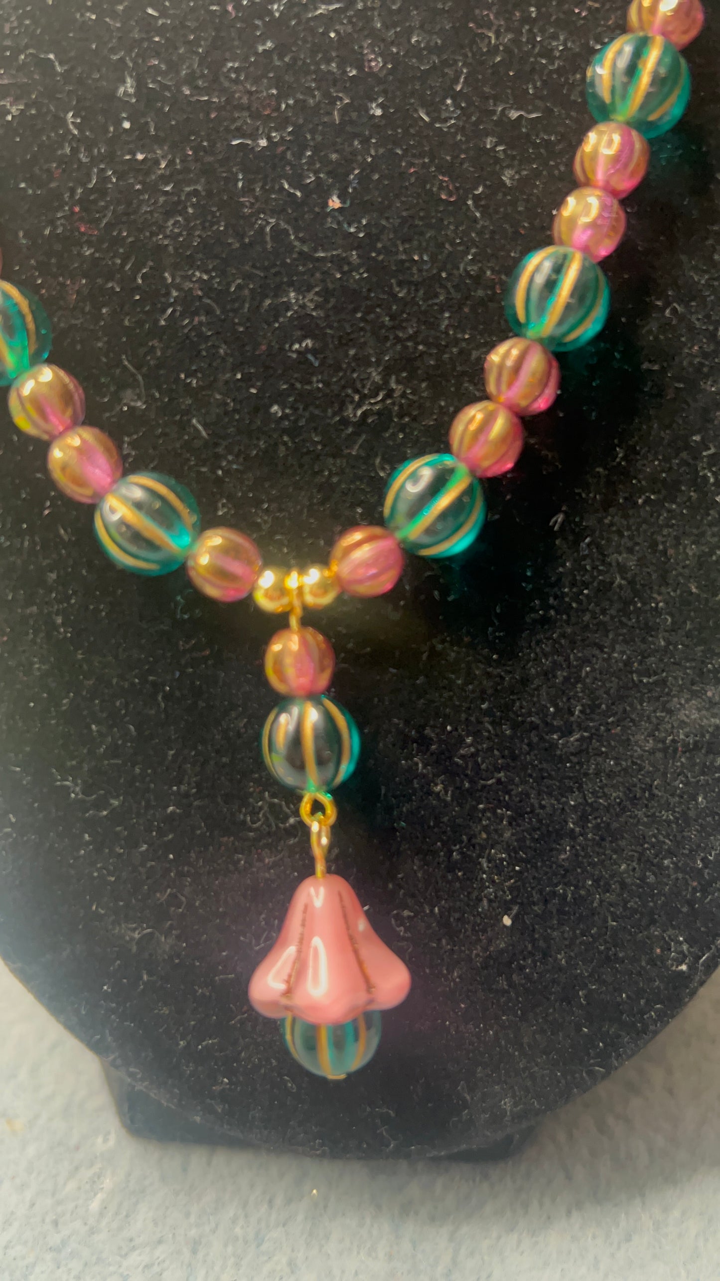 Green and Pink with gold melon Beaded Necklace with gold chain and toggle clasp and Matching Earrings