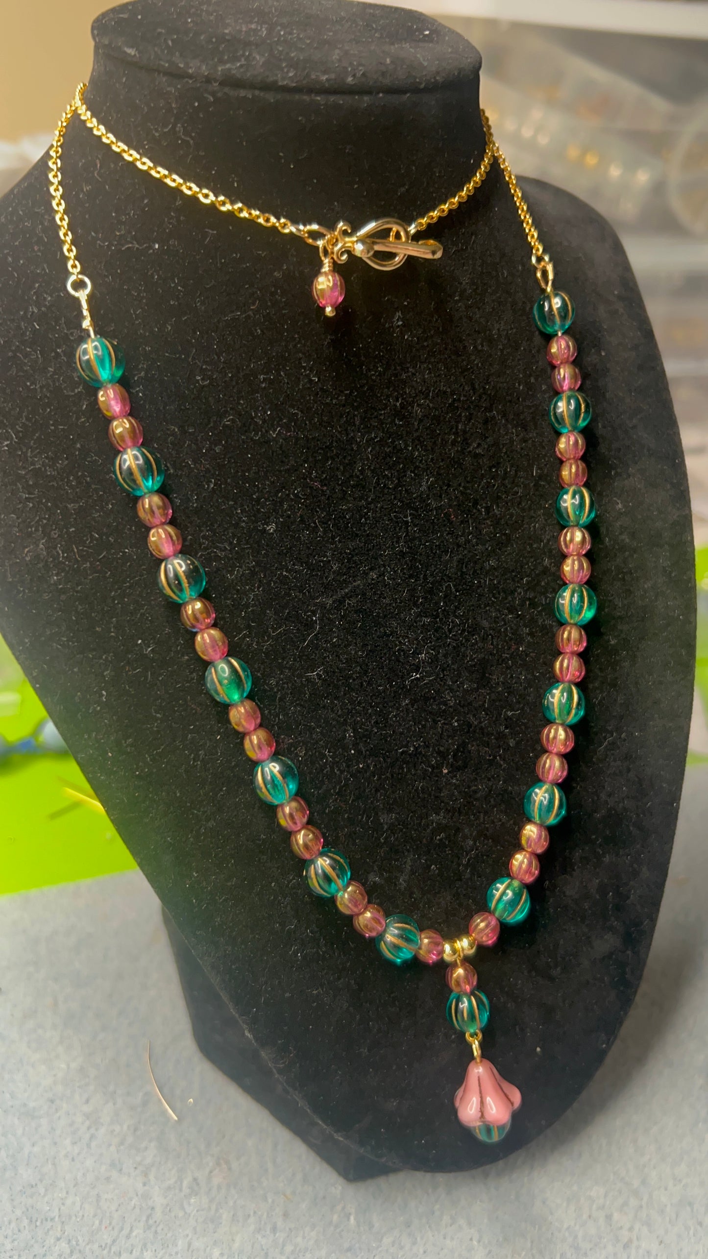 Green and Pink with gold melon Beaded Necklace with gold chain and toggle clasp and Matching Earrings