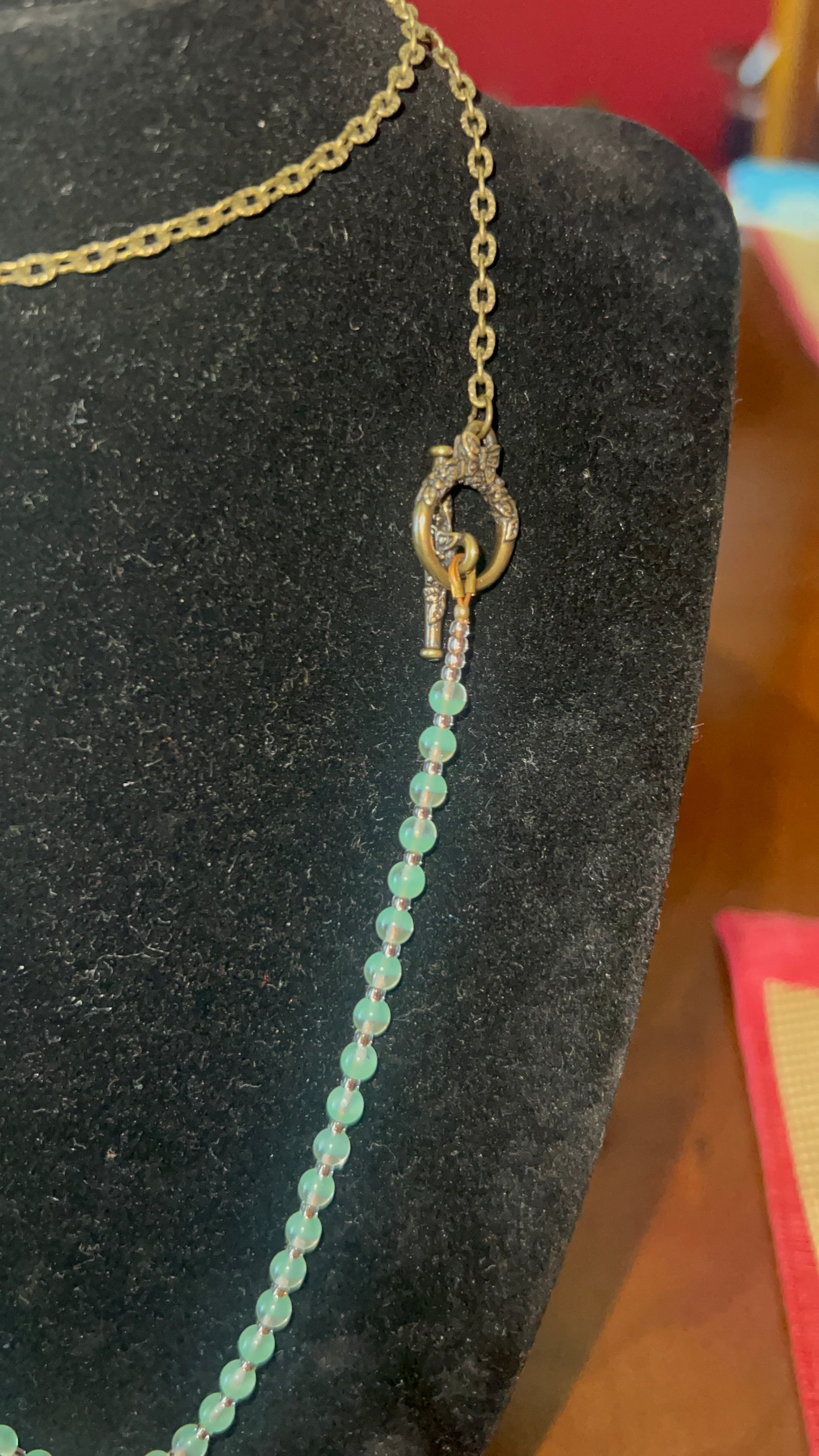 Square Mint Silk Picasso, peridot and Bronze Crystal Focal 24 inch Necklace with front closing brass Tierra Cast Butterfly Toggle; 6 1/2-8 1/2 Bracelet; Long Dangle Earrings