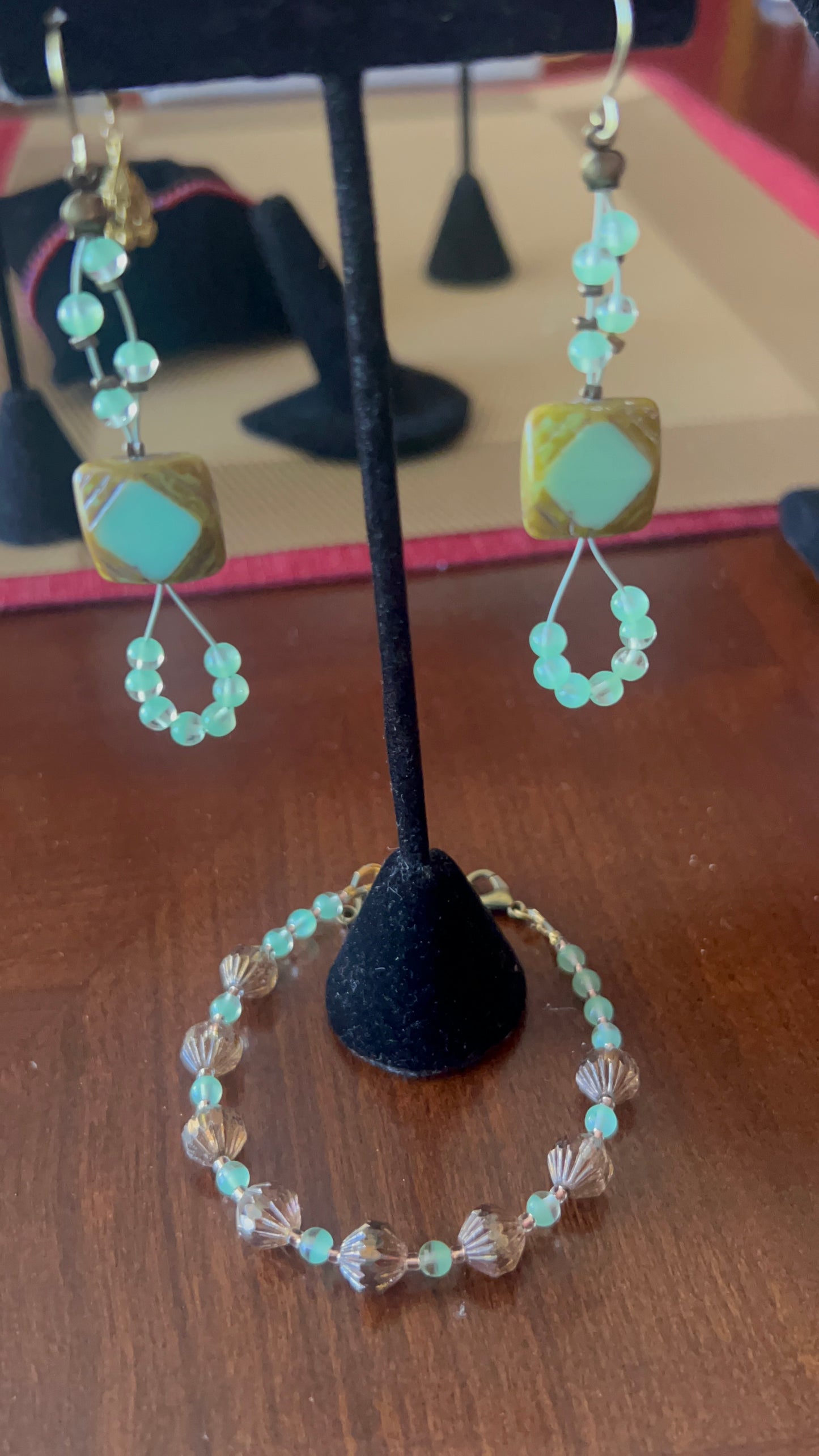 Square Mint Silk Picasso, peridot and Bronze Crystal Focal 24 inch Necklace with front closing brass Tierra Cast Butterfly Toggle; 6 1/2-8 1/2 Bracelet; Long Dangle Earrings