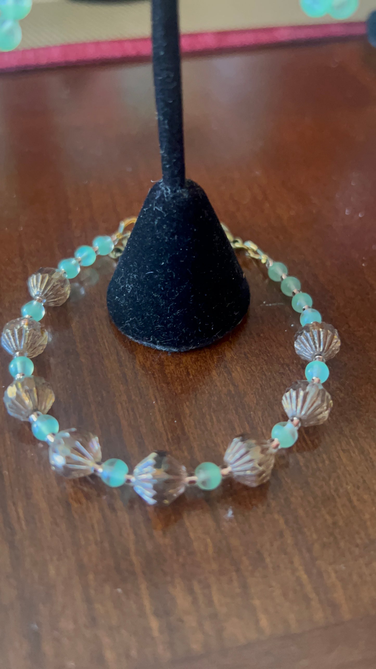Square Mint Silk Picasso, peridot and Bronze Crystal Focal 24 inch Necklace with front closing brass Tierra Cast Butterfly Toggle; 6 1/2-8 1/2 Bracelet; Long Dangle Earrings