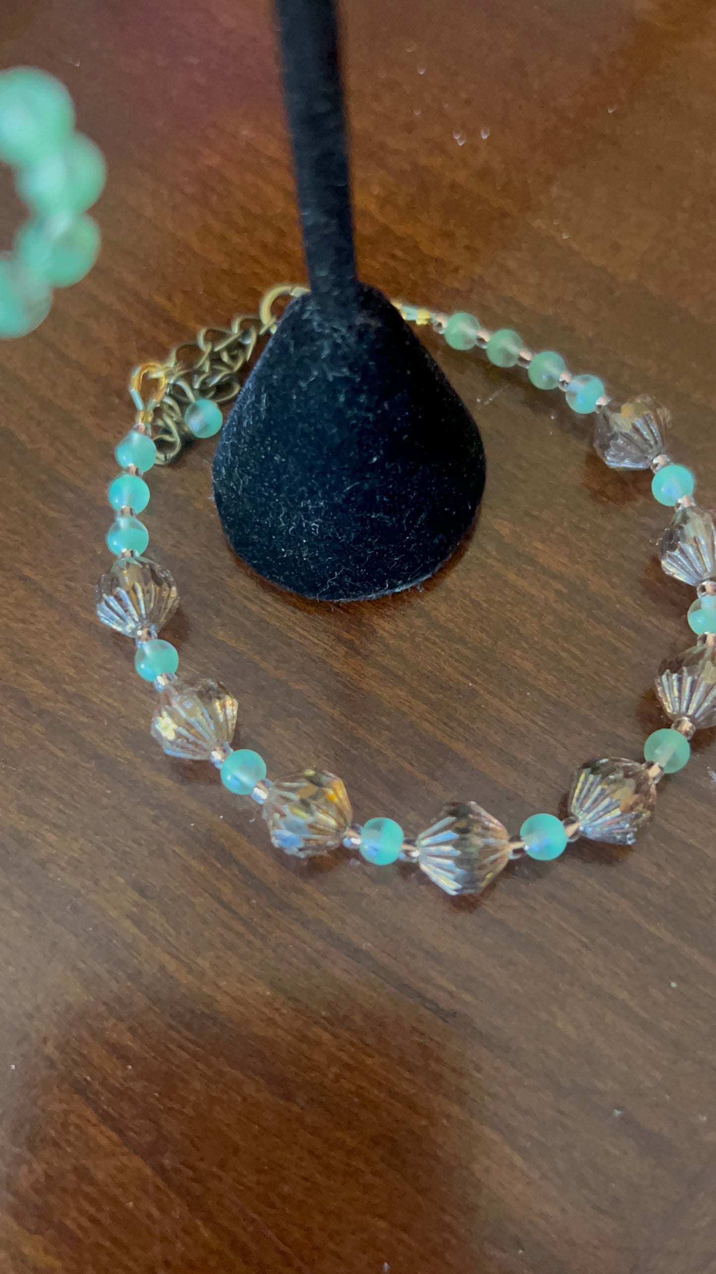 Square Mint Silk Picasso, peridot and Bronze Crystal Focal 24 inch Necklace with front closing brass Tierra Cast Butterfly Toggle; 6 1/2-8 1/2 Bracelet; Long Dangle Earrings