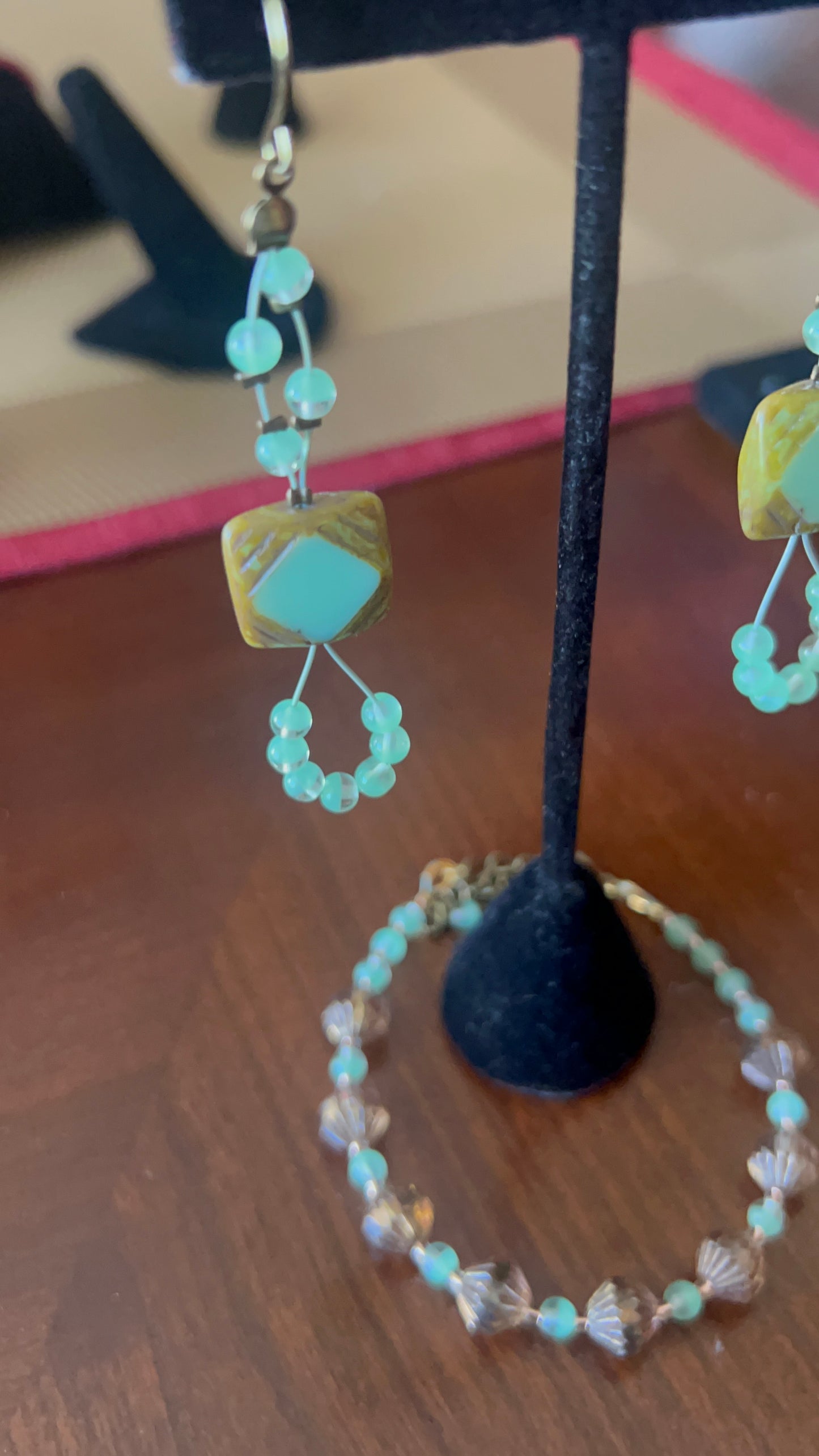 Square Mint Silk Picasso, peridot and Bronze Crystal Focal 24 inch Necklace with front closing brass Tierra Cast Butterfly Toggle; 6 1/2-8 1/2 Bracelet; Long Dangle Earrings
