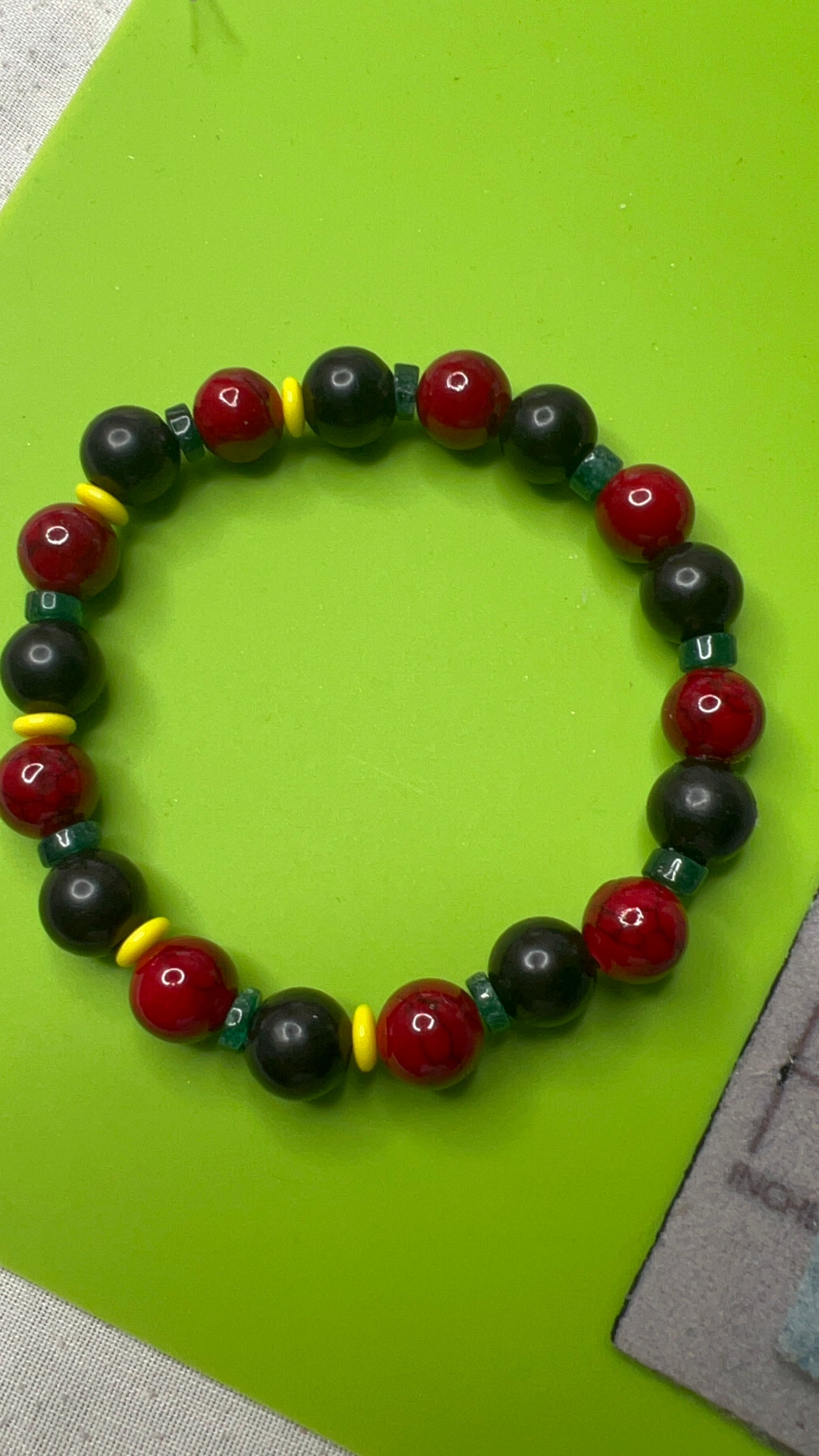Juneteenth Green Aventurine, Black Jasper, Red Quartzite and Yellow Saucer Stretch Bracelet