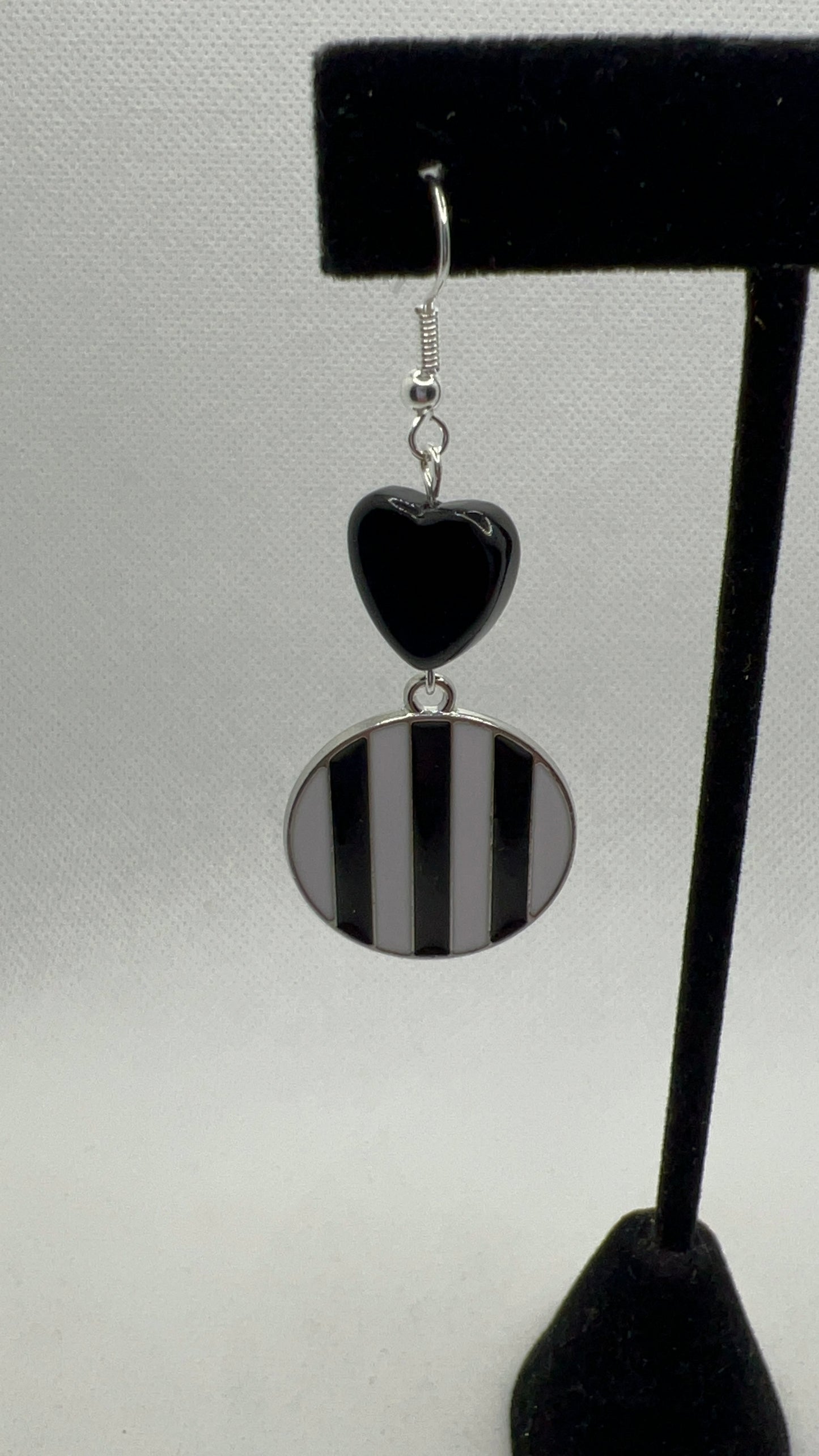 Black and White Striped Earrings with Black Heart