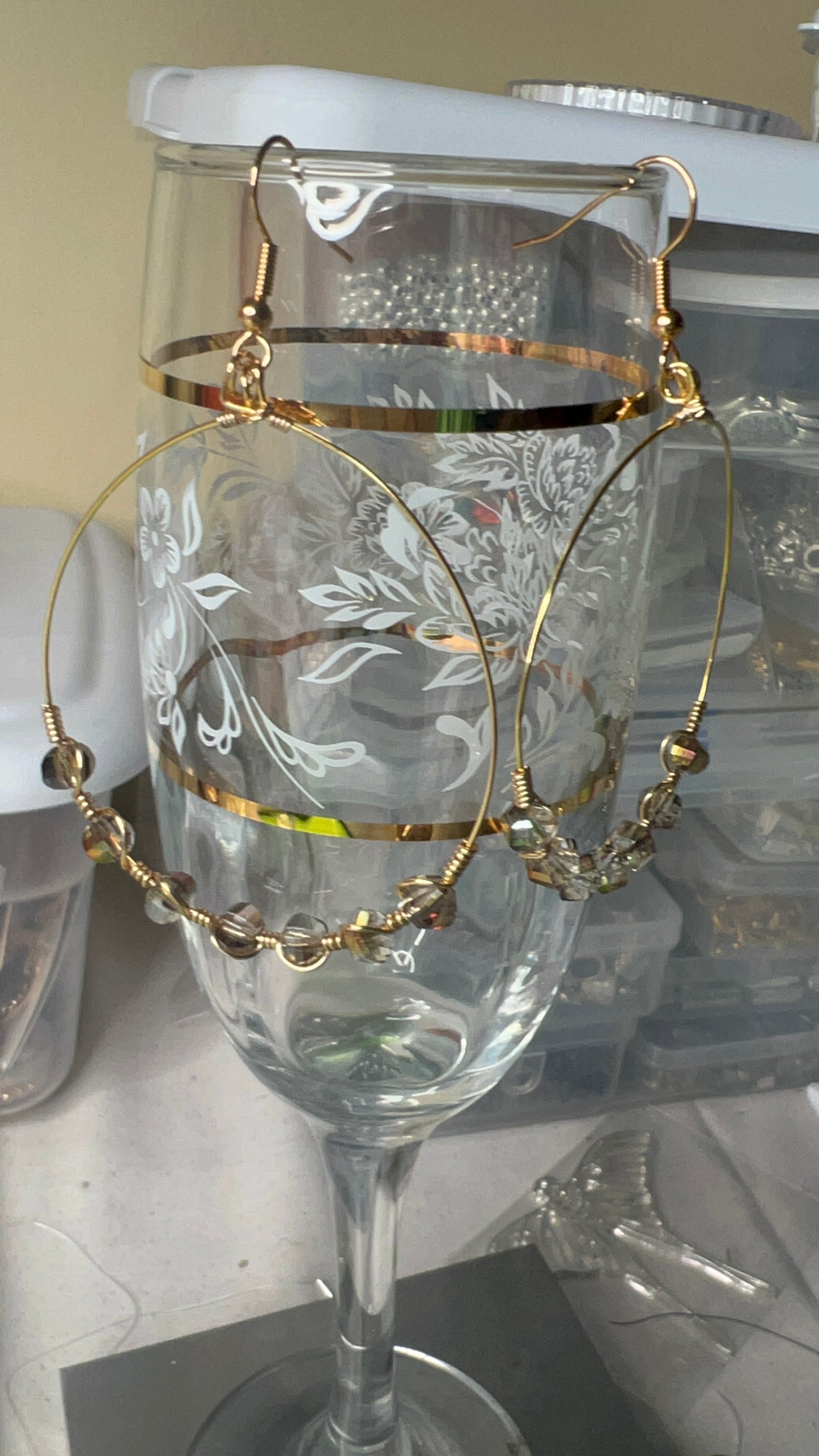 Slate/Dark Vitrail Crystal and Gold Large Lightweight Hoop Earrings