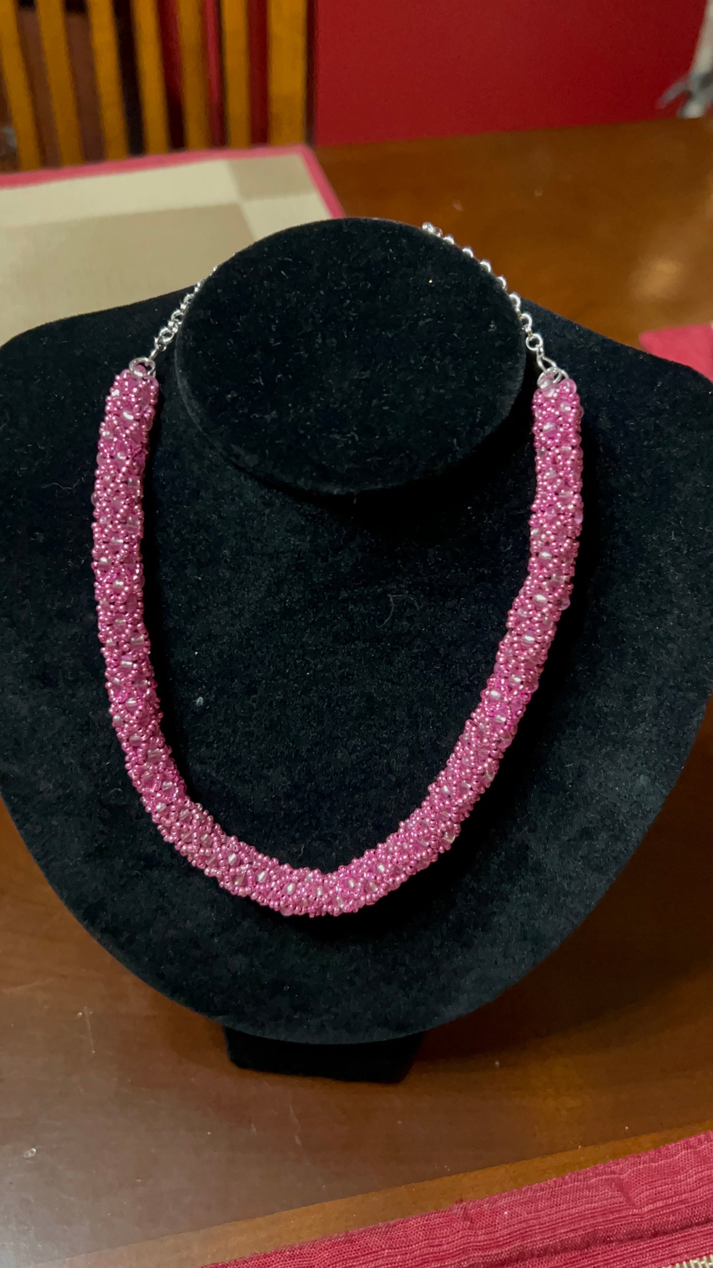 In The Pink Hand-woven Necklace/Choker with silver chain