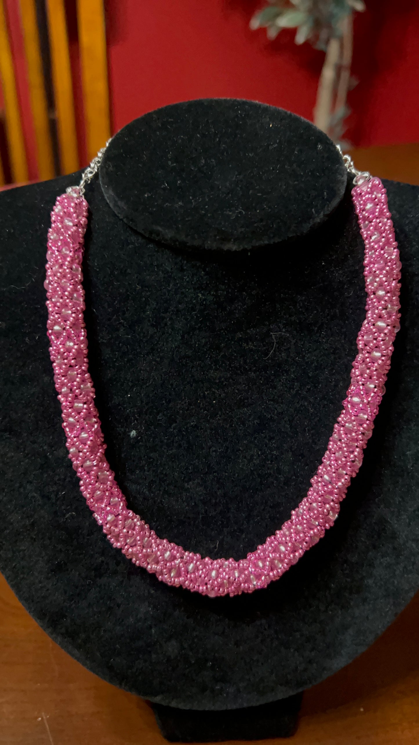 In The Pink Hand-woven Necklace/Choker with silver chain