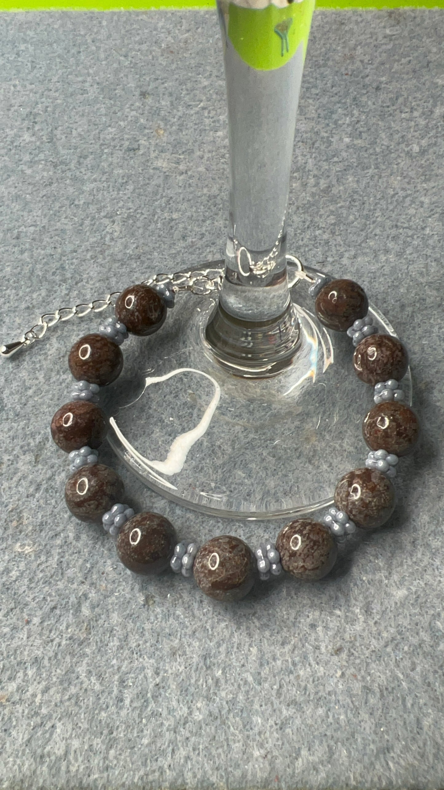 Brown Snowflake Jasper with Blue Czech Glass Daisy Spacers Bracelet