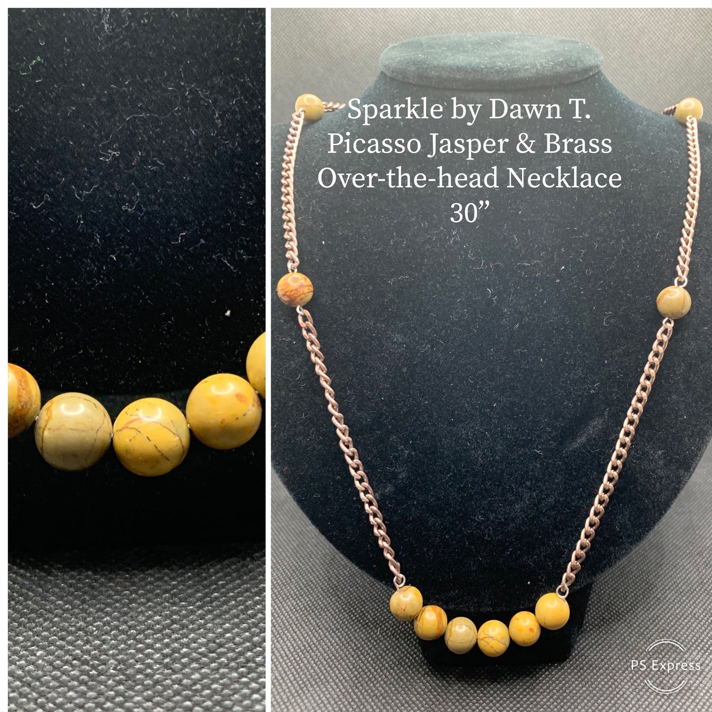 Picasso Jasper and brass necklace 30in with earrings and bracelet