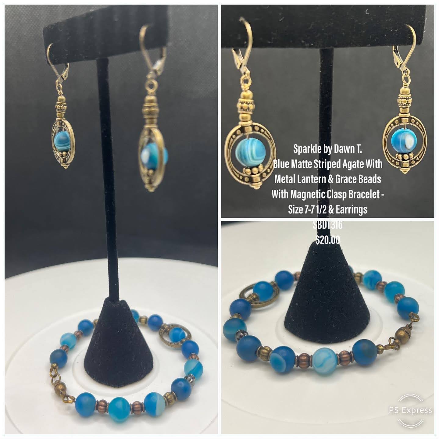 Blue Matte Striped Agate with Metal lantern beads and frames Bracelet and Earrings