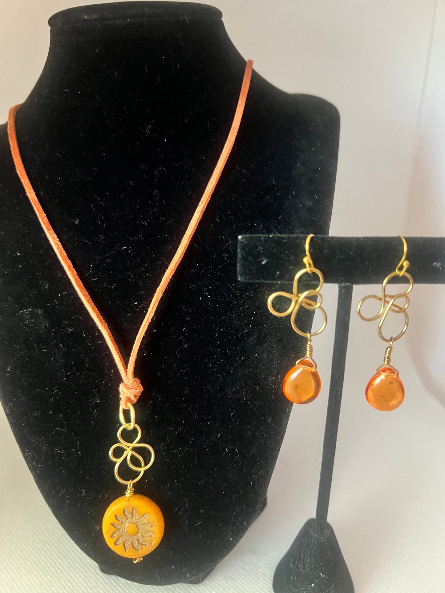 Orange Czech Glass, Sun Coin and Suede Necklace and Earrings