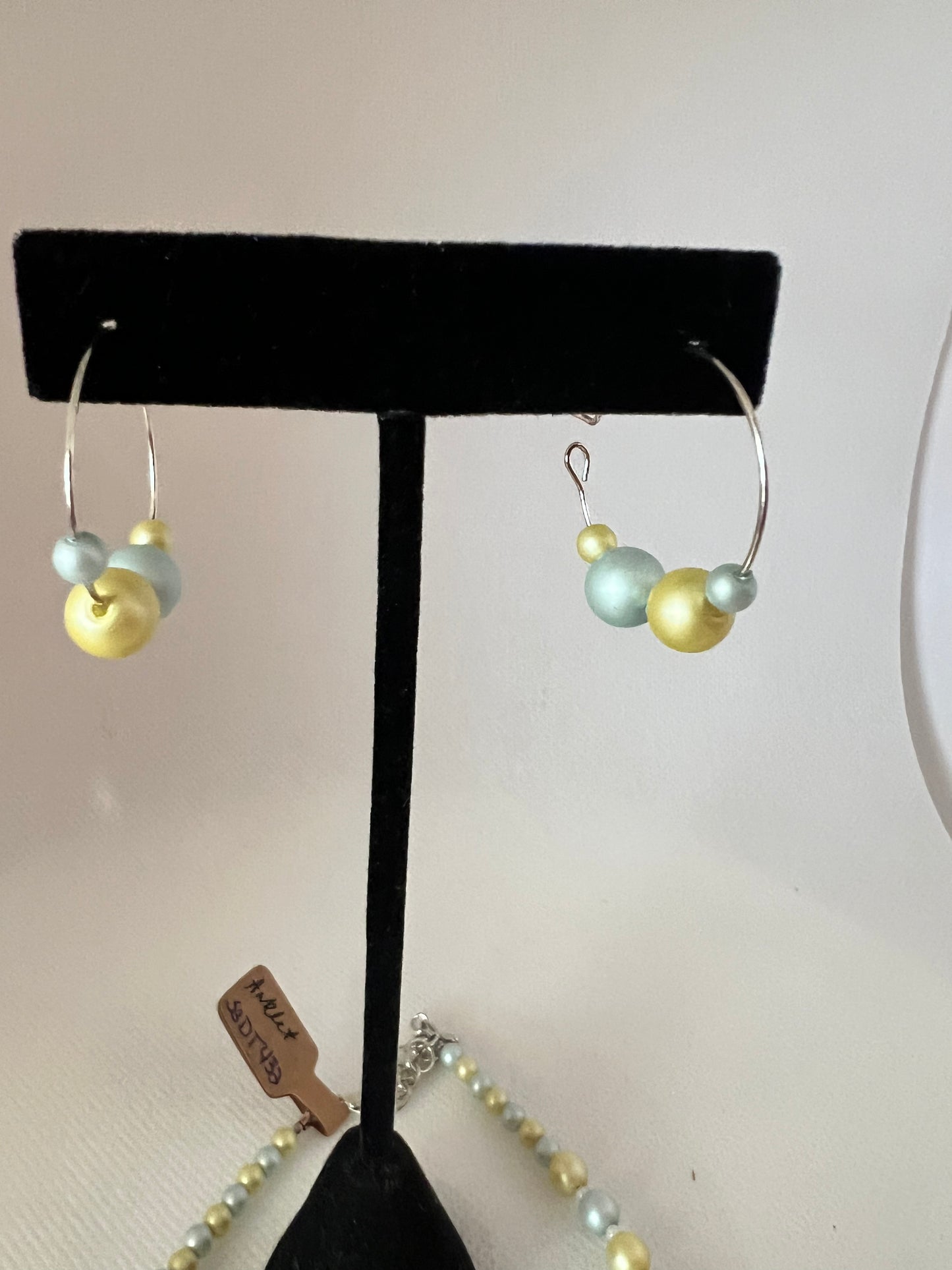 Light blue and yellow glass pearl Ankle Bracelet and Small Hoop Earrings