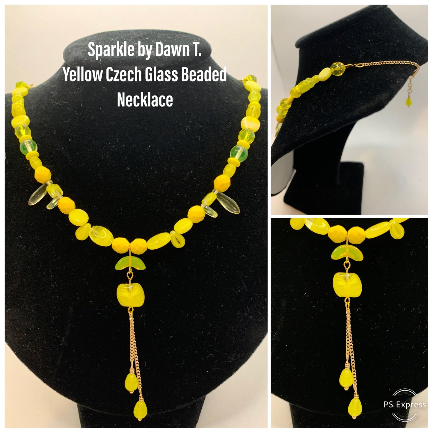 Yellow Multi-shaped Necklace with chain focal 19in and Earrings