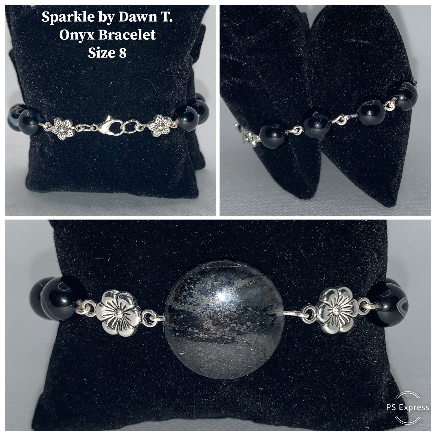 Onyx Bracelet with large flat circle focal and silver flower beads