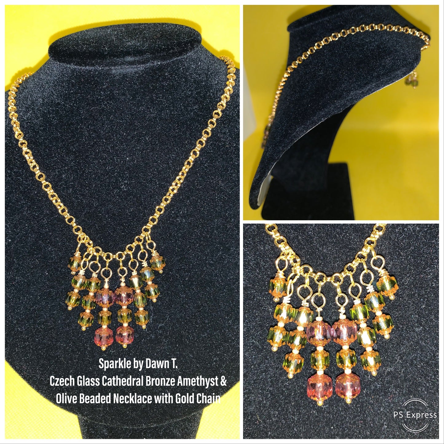 Czech Glass Cathedral Bronze Amethyst and Olive Beaded Set - Necklace, Bracelet and Earrings