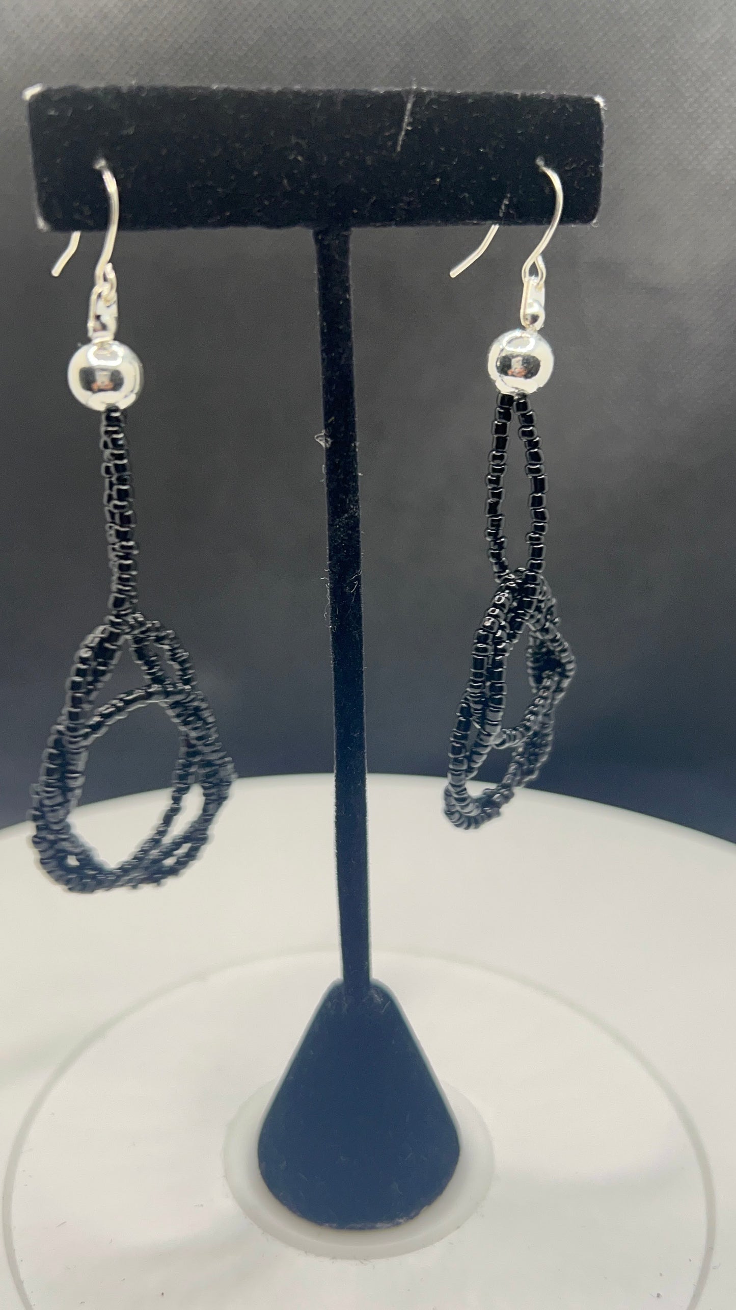 Black Knotted Earrings with Silver Bead