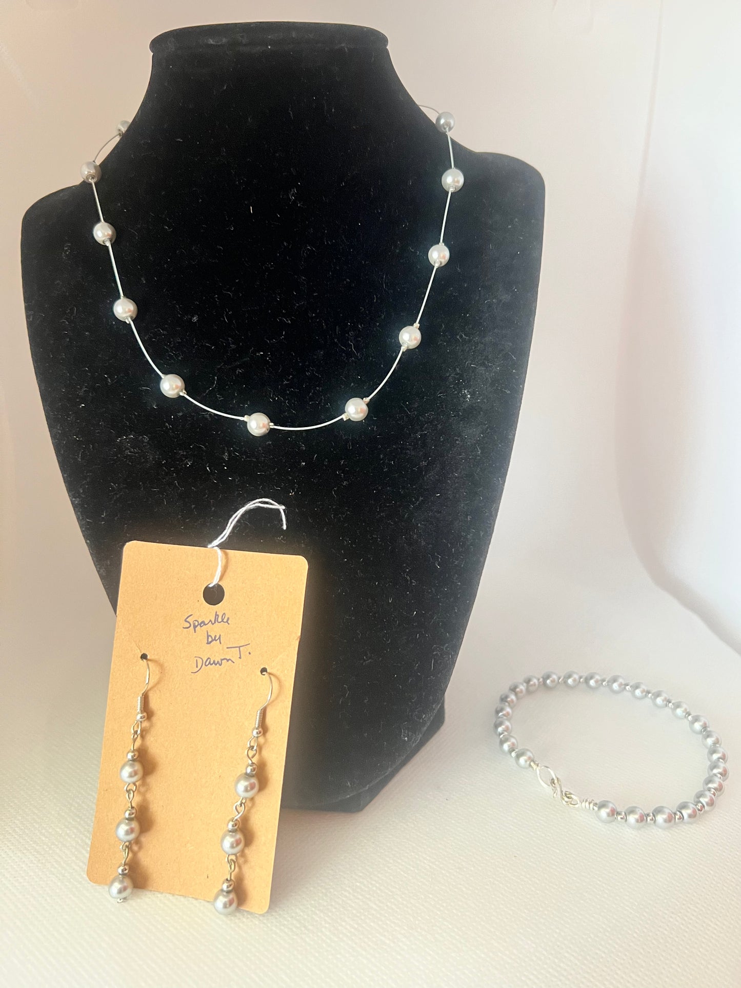 Silver Pearl Floating Choker, Bracelet and Earrings