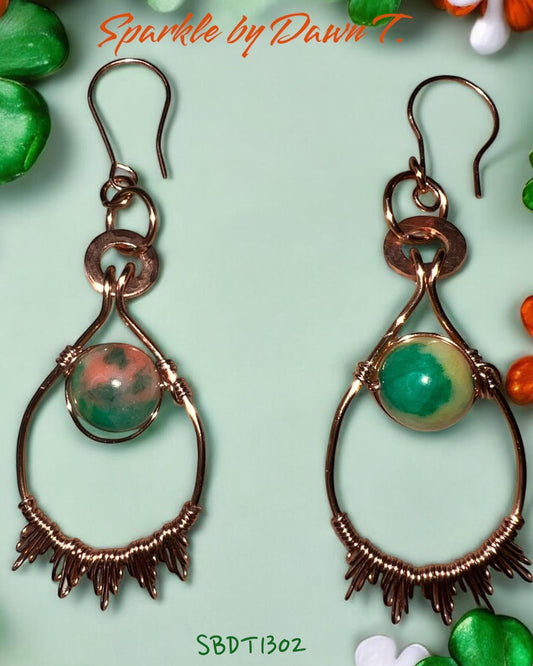 Copper Fan Earrings with Multicolor Stone - yellow, green, orange