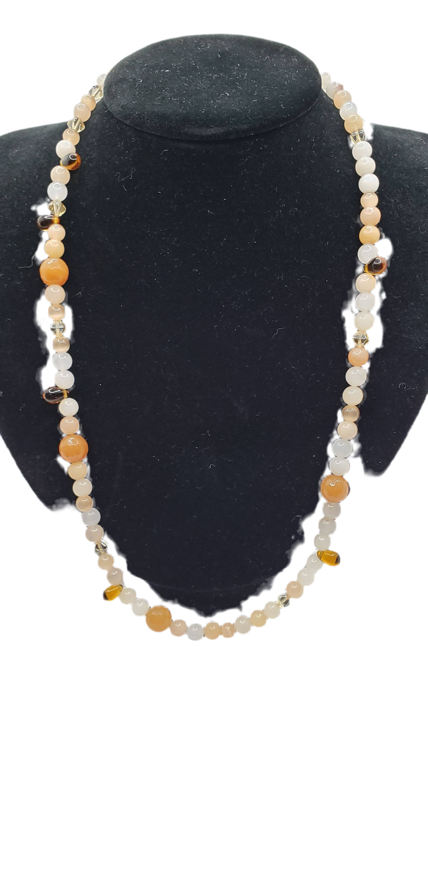 Amber Topaz & Champagne Czech Glass with Aventurine Beaded Necklace and Earrings