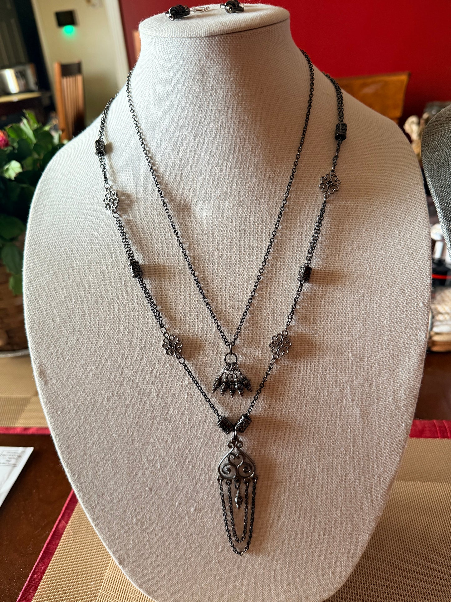 Gun Metal Two Necklace Set with focals - can wear together or separate - 22" with 1" pendant and 26' WITH 3 1/2" pendant. - pairs well with 1351
