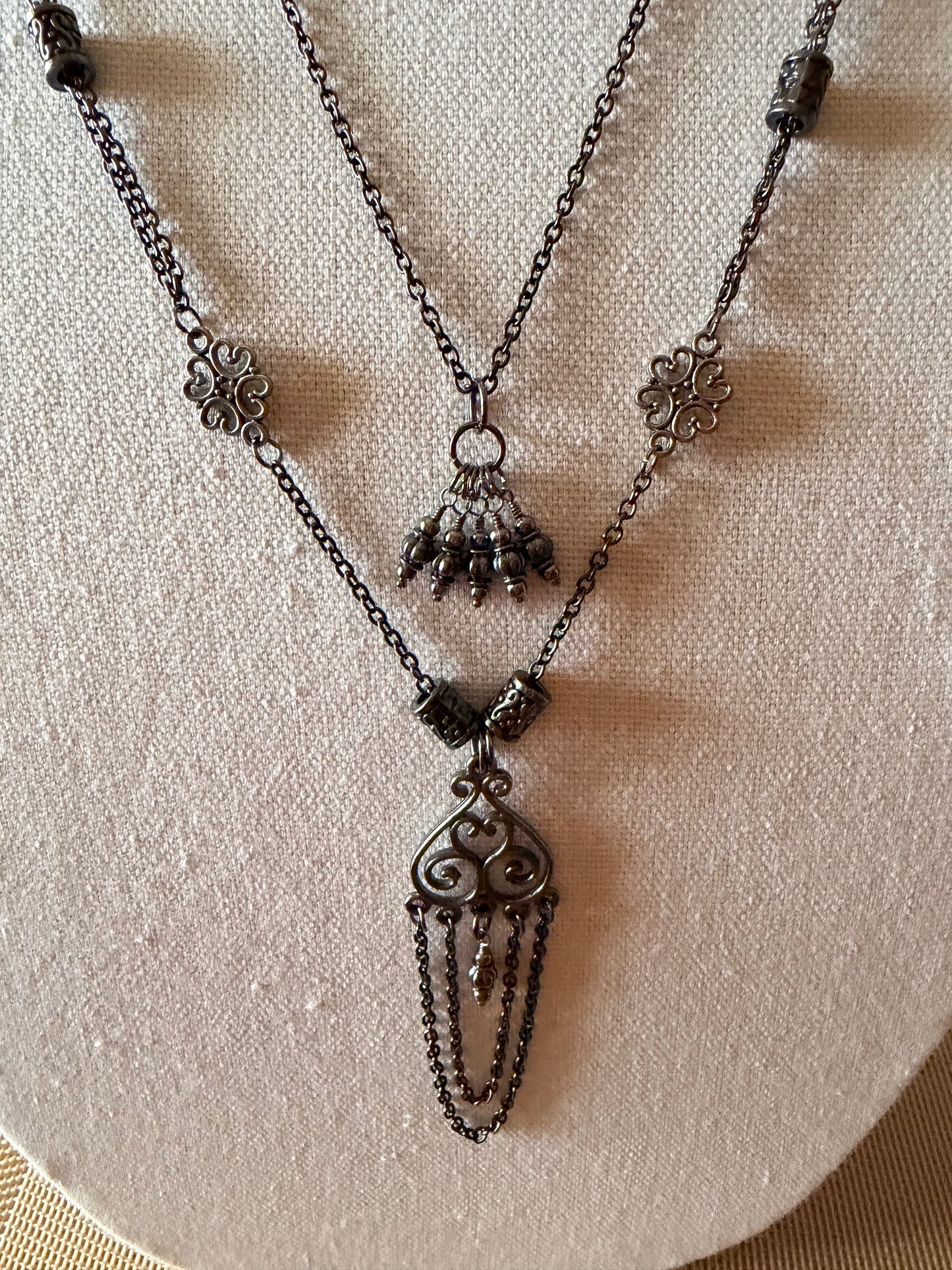 Gun Metal Two Necklace Set with focals - can wear together or separate - 22" with 1" pendant and 26' WITH 3 1/2" pendant. - pairs well with 1351