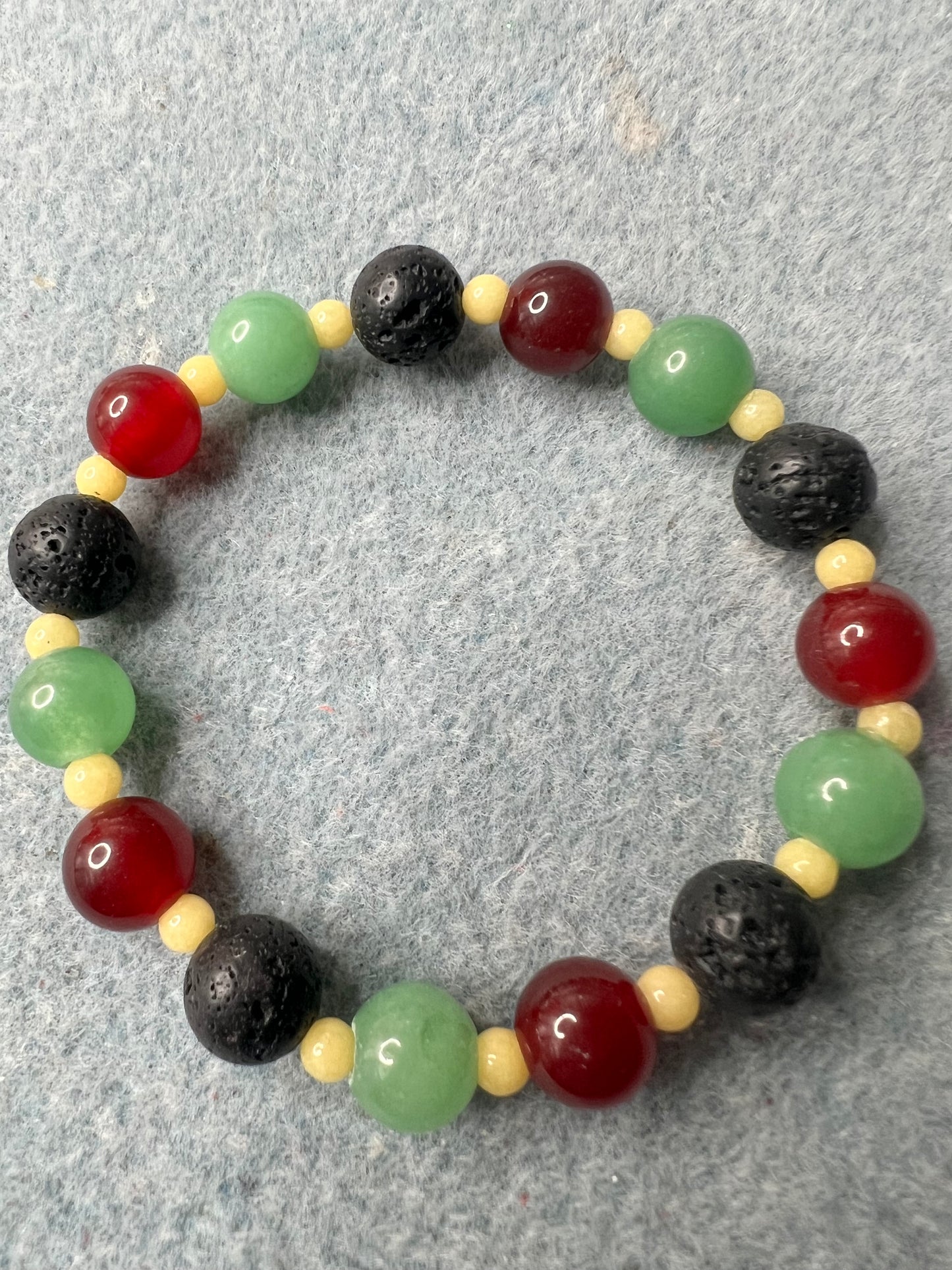 Juneteenth Green Aventurine, Red Quartz, Yellow Jade and Black Lava Beaded Stretch Bracelet