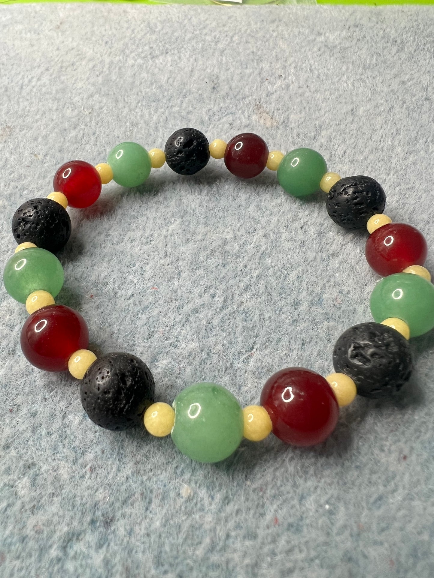 Juneteenth Green Aventurine, Red Quartz, Yellow Jade and Black Lava Beaded Stretch Bracelet