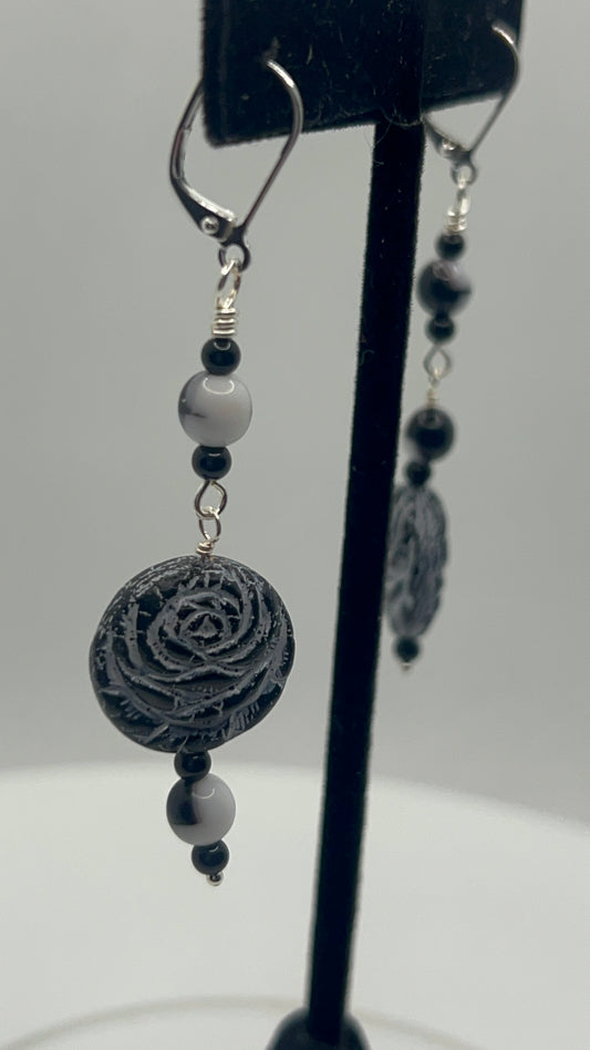 Black and White Rose Focal Bead with Black and white Dangle Earrings - mismatched