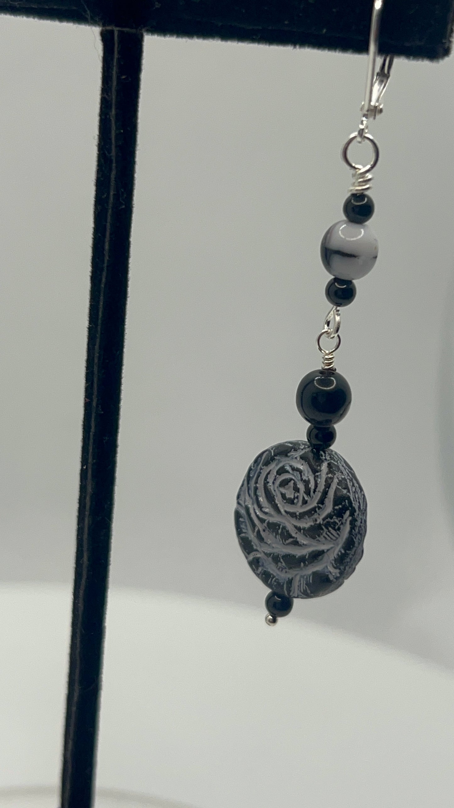 Black and White Rose Focal Bead with Black and white Dangle Earrings - mismatched