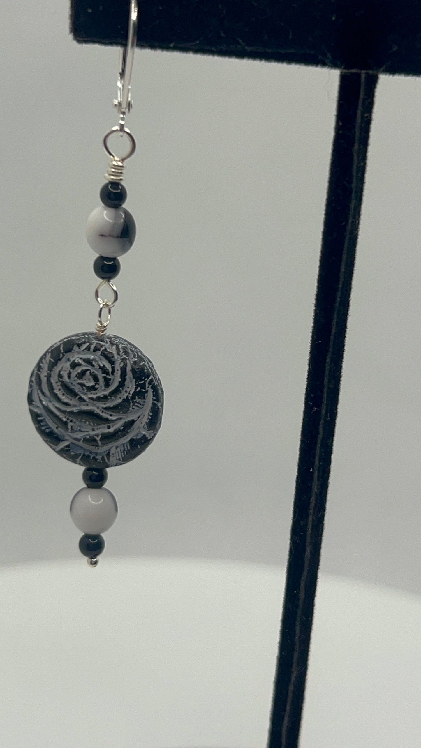 Black and White Rose Focal Bead with Black and white Dangle Earrings - mismatched