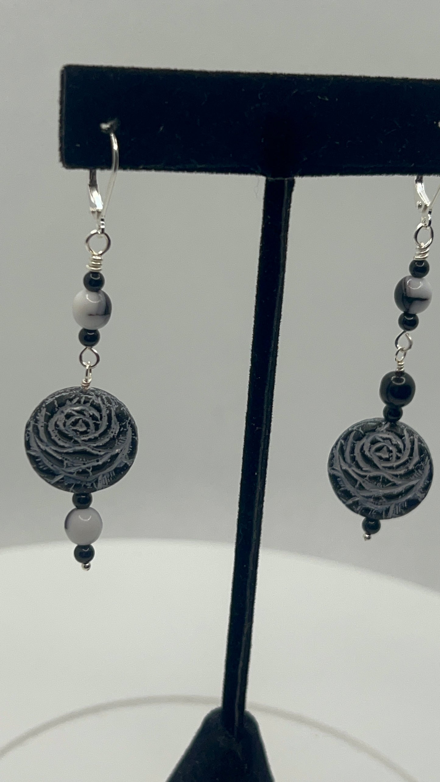 Black and White Rose Focal Bead with Black and white Dangle Earrings - mismatched