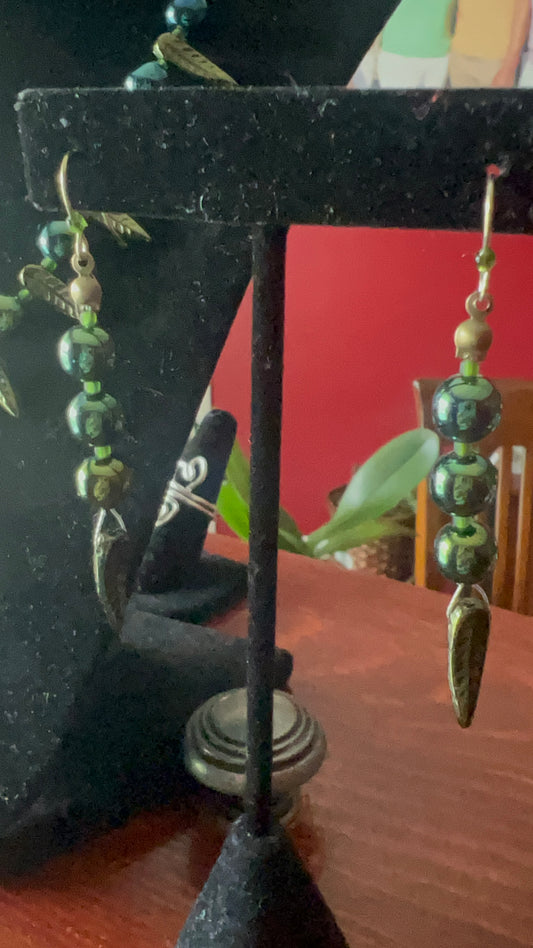 Metallic Green Feather Leaf and Green Peacock Iris with Suede Necklace and earrings