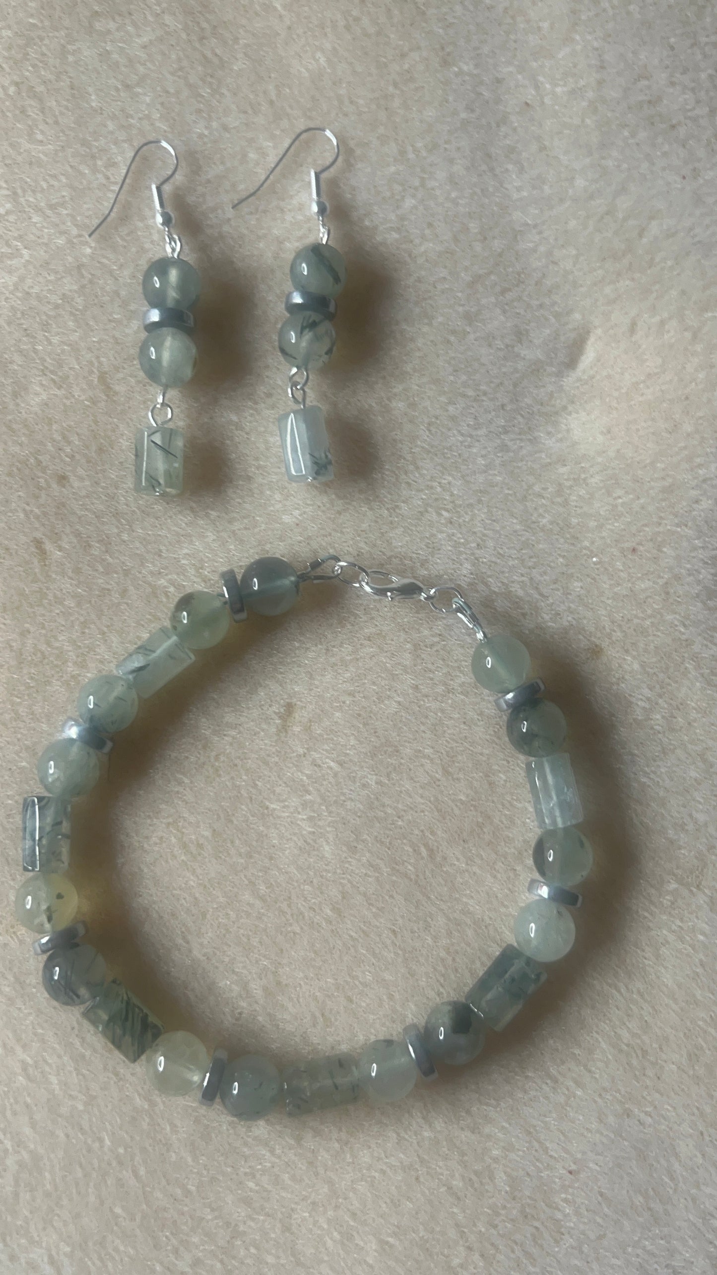 Green Prehnite Tubes and Beaded Bracelet and Earrings