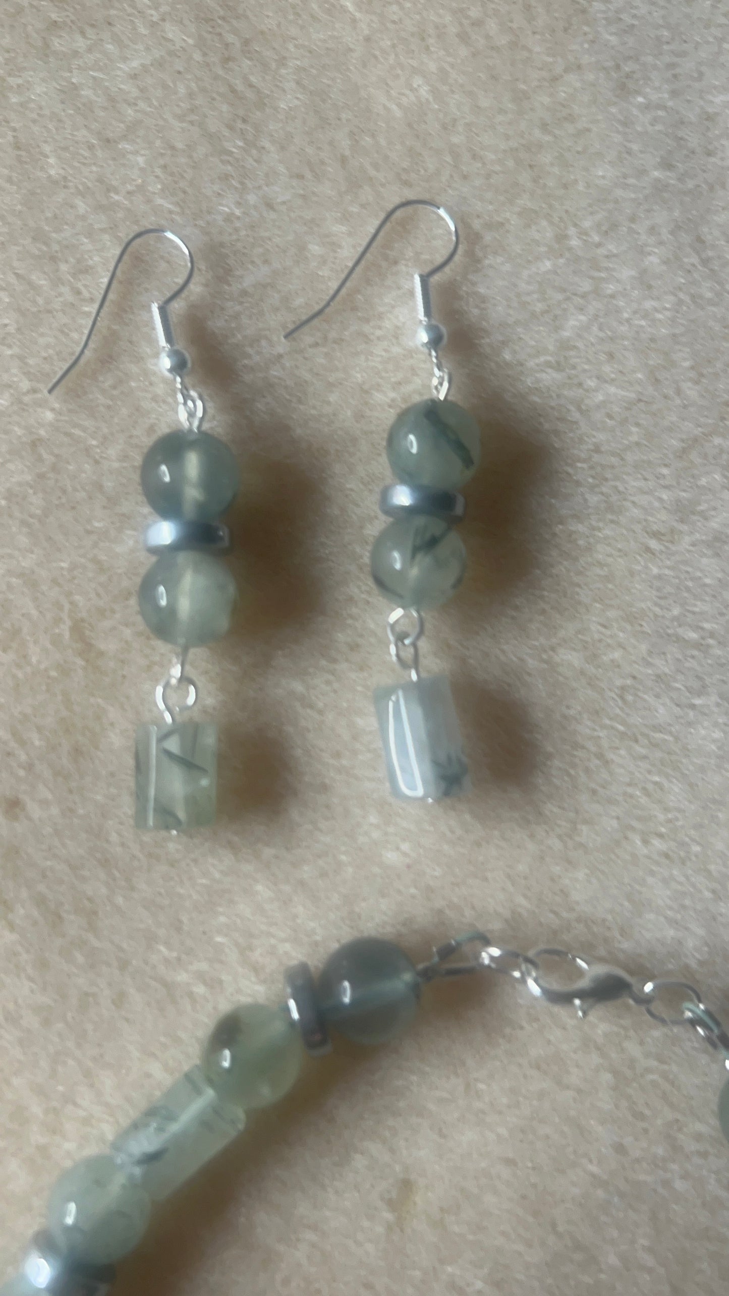 Green Prehnite Tubes and Beaded Bracelet and Earrings